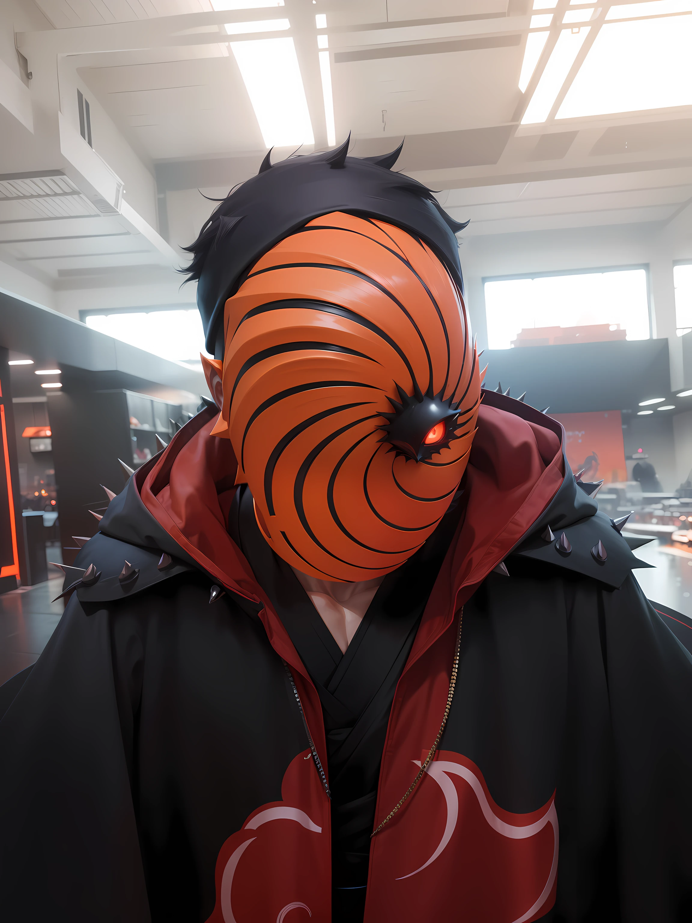(best quality, ultra-detailed,highres:1.2), real anime-style portrait, detailed Tobi from Akatsuki, wearing a black cloak with red clouds, high-collared shirt, spiky hair upwards, orange mask covering one eye, vibrant colors, dramatic lighting