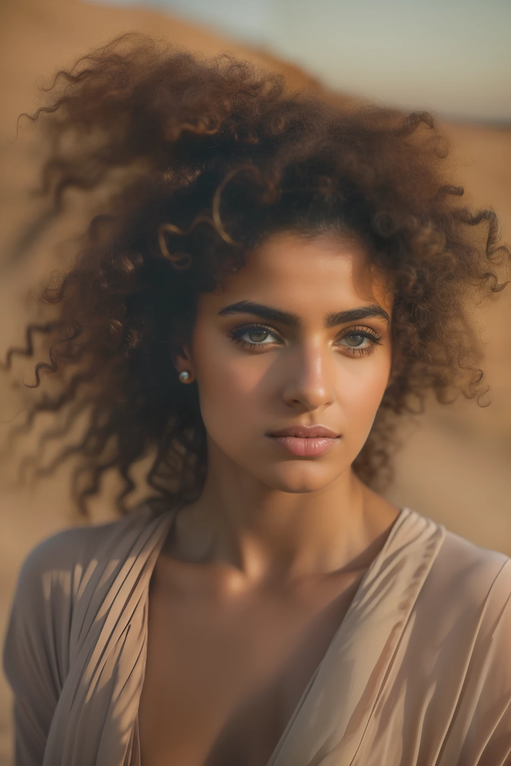 Portrait of an Arab woman with curly hair styled in a messy bun, mignon, Photographie mate, peau brune, softlighting, humeur ambiante, Stunning and clean photography, Kodak Film, Leica, Aesthetic inspiration of the dunes, Metropolis inspired, Oleg Oprisco et Todd Hido --ar 5:8 --s 450 --v 5.2