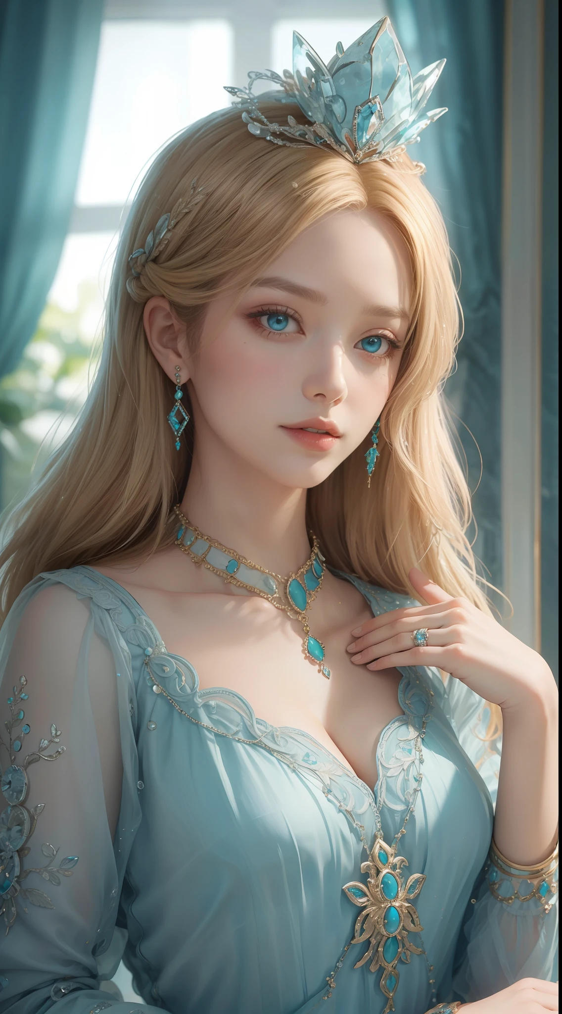 tmasterpiece,Highest image quality,Beautiful bust of royal women,Delicate blonde hairstyle,Turquoise eyes,Decorated with dazzling intricate jewelry,super detailing,upscaled。