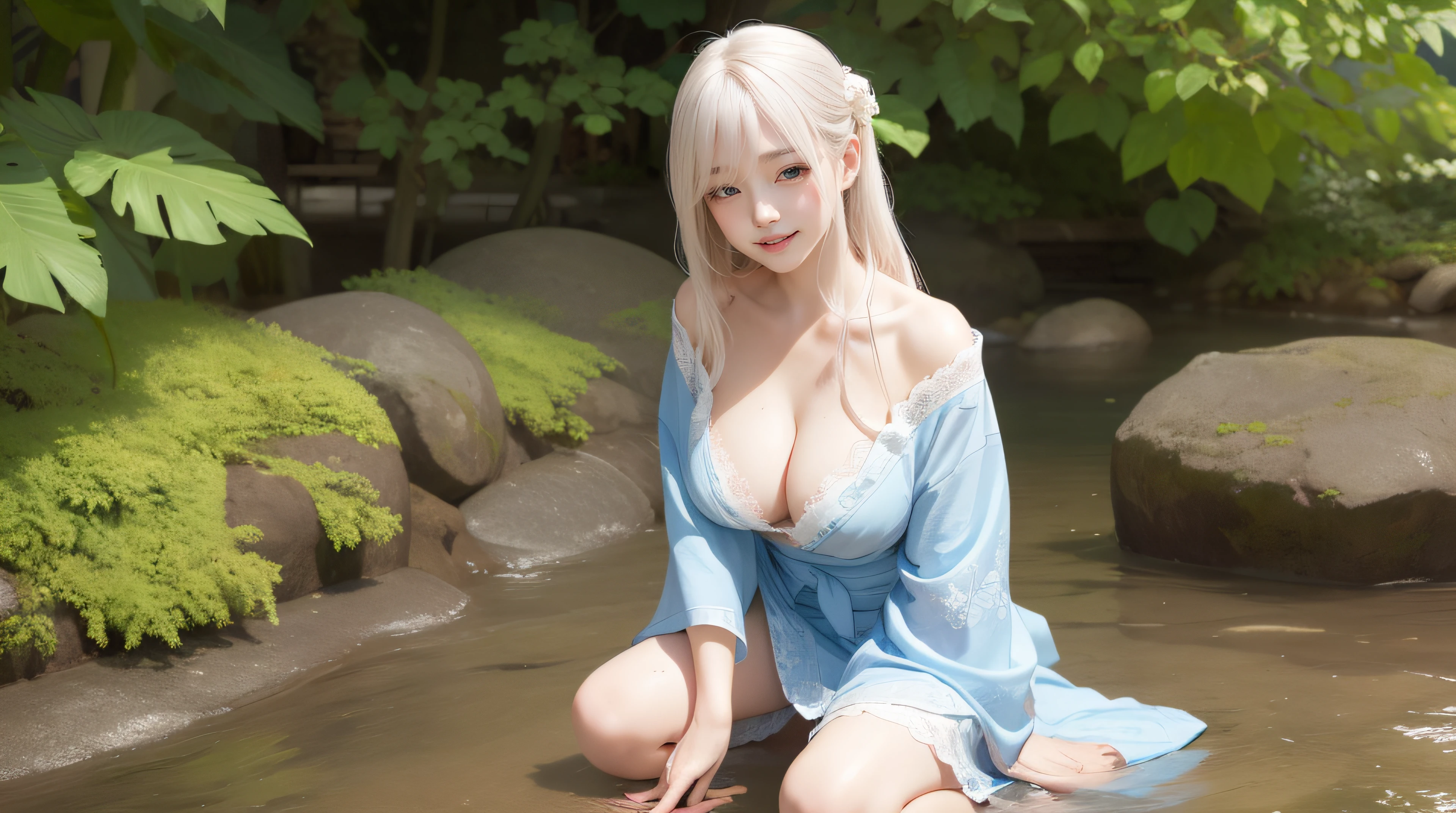 (Realistic:1.5)full blush,surrealism,mournful smile,Ahe-face,Realistic:1.5,High resolution,Best Quality,1girl in,masutepiece,NSFW,Full body,pale skin,(very long shiny hair,Wet hair,Blunt bangs,very bright golden hair),Wavy Hair,Hair over one eye,pointed breast,medium breasts,straddle、(Lace yukata、Light blue with high transparency)
