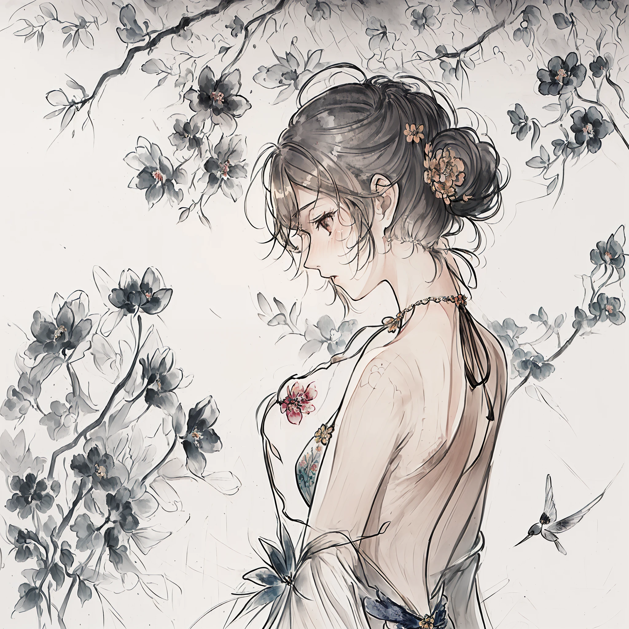 (((masterpiece))),(((best quality))),((ultra-detailed)), ((illustration)),floating, ((an extremely delicate and beautiful)),(beautiful detailed eyes),((disheveled hair)), (painting),(sketch), 1girl, small_breasts,((neck)),(((back))),(looking back), blush,dhalter dress, sliver hair,backless dress