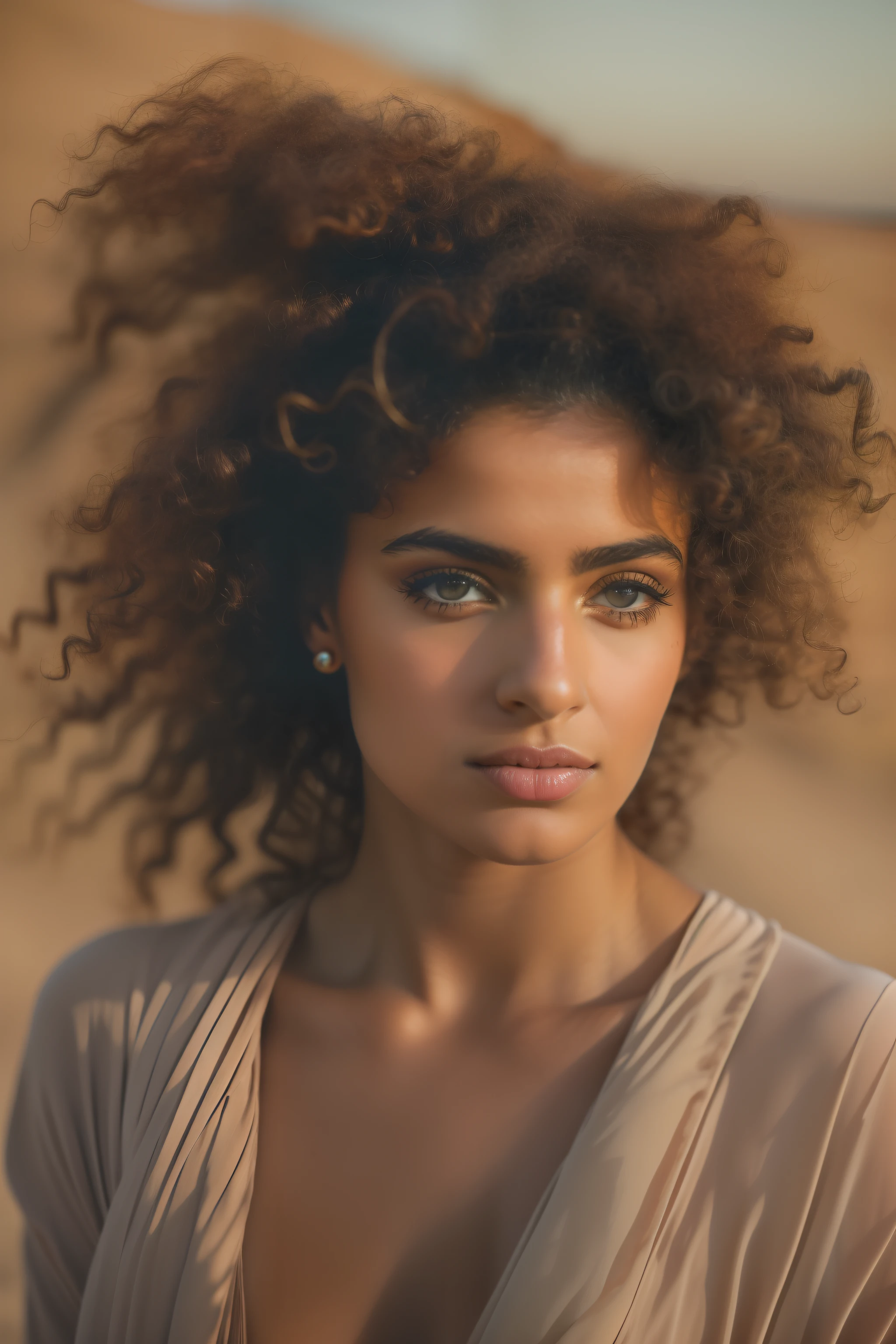 Portrait of an Arab woman with curly hair styled in a messy bun, mignon, Photographie mate, peau brune, softlighting, humeur ambiante, Stunning and clean photography, Kodak Film, Leica, Aesthetic inspiration of the dunes, Metropolis inspired, Oleg Oprisco et Todd Hido --ar 5:8 --s 450 --v 5.2
