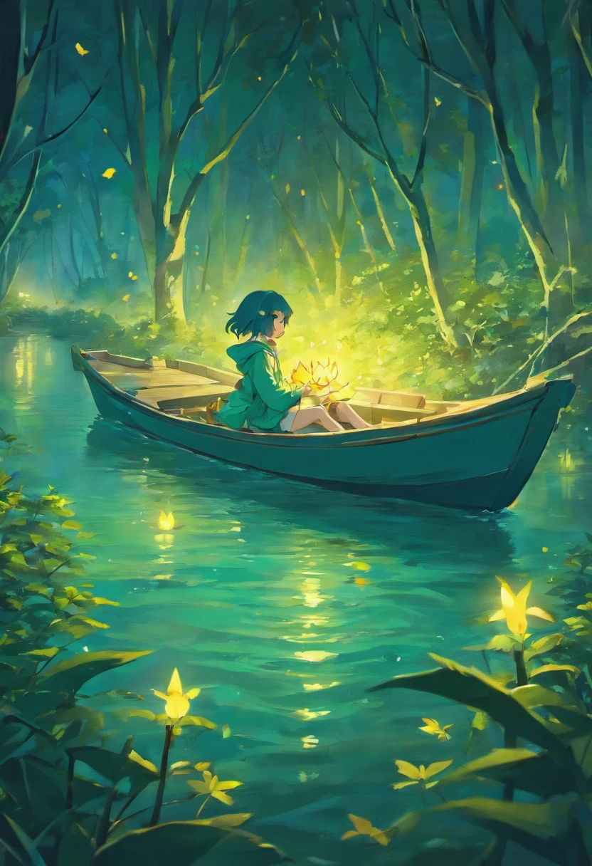 in a night forest, a girl sitting on a boat, The boat shape is a origami crane,a beautiful artwork illustration, snowy forest, stylized digital illustration, colorful illustration, colourful illustration cute detailed digital art, cute digital art, 2. 5 d illustration, illustration, exquisite digital illustration, fairy-tale illustration style, dreamy illustration, high quality illustration, 2d matte illustration