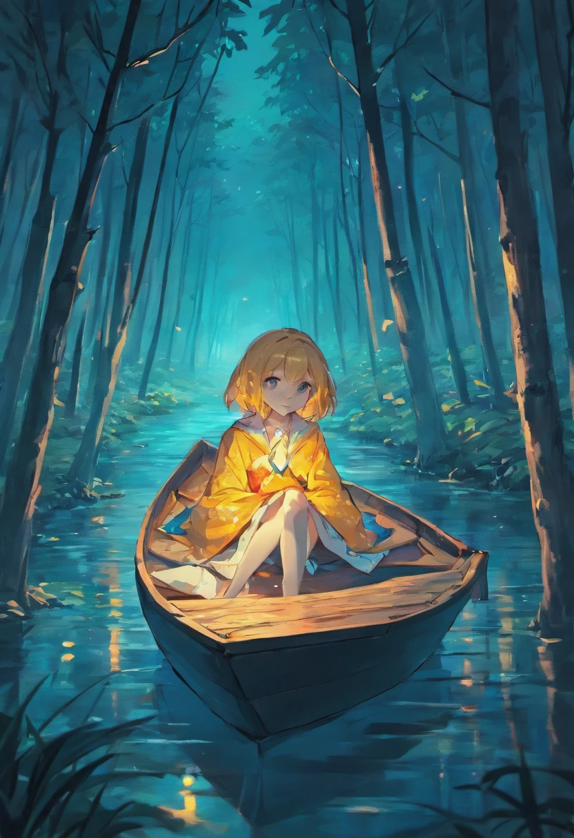 in a night forest, a girl sitting on a boat, The boat shape is a origami crane,a beautiful artwork illustration, snowy forest, stylized digital illustration, colorful illustration, colourful illustration cute detailed digital art, cute digital art, 2. 5 d illustration, illustration, exquisite digital illustration, fairy-tale illustration style, dreamy illustration, high quality illustration, 2d matte illustration