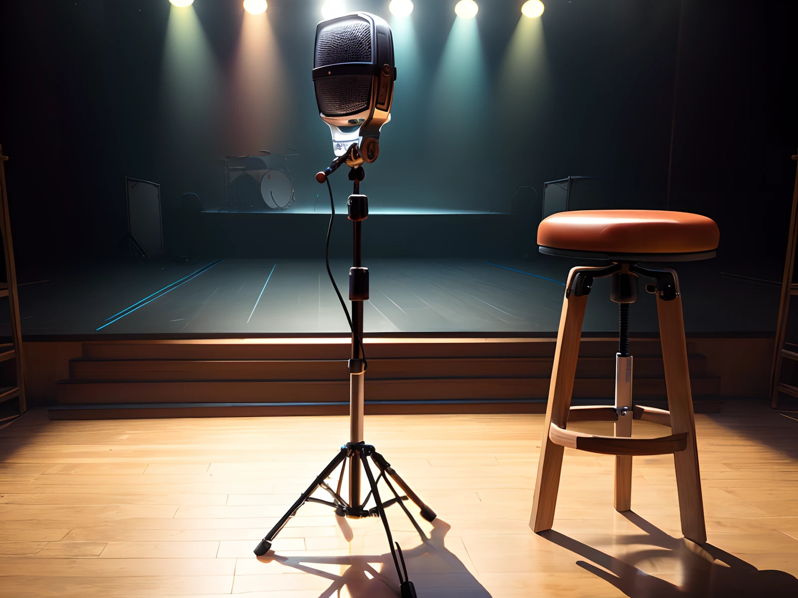 A stage with a stool and stand mic