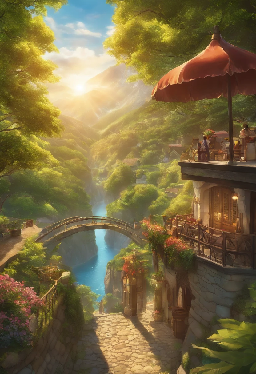 in isekai　valley　rays of sunshine　Peddlers and customers　Aerial viewpoint