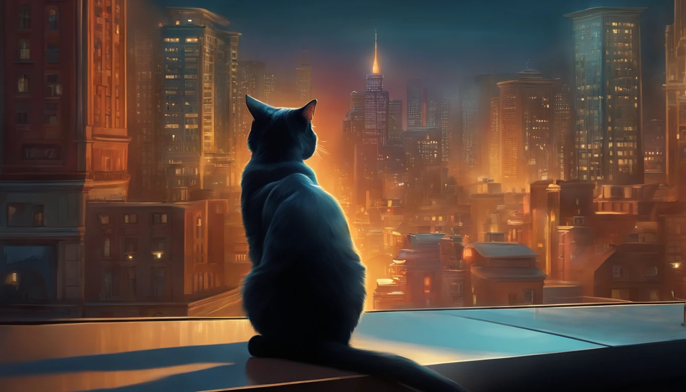 There is a cat sitting on a window sill looking at the city - SeaArt AI