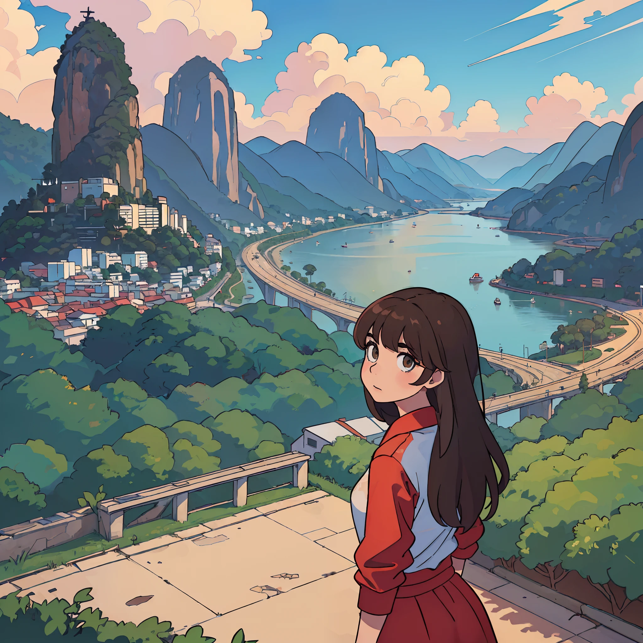 (Best quality, 8K, Masterpiece :1.2), Ultra photo realsisim, A red Ferrari 488 in Montan, Rio de Janeiro, Brazil, Background of Christ the Savior, A beautiful brown haired girl looking at the landscape