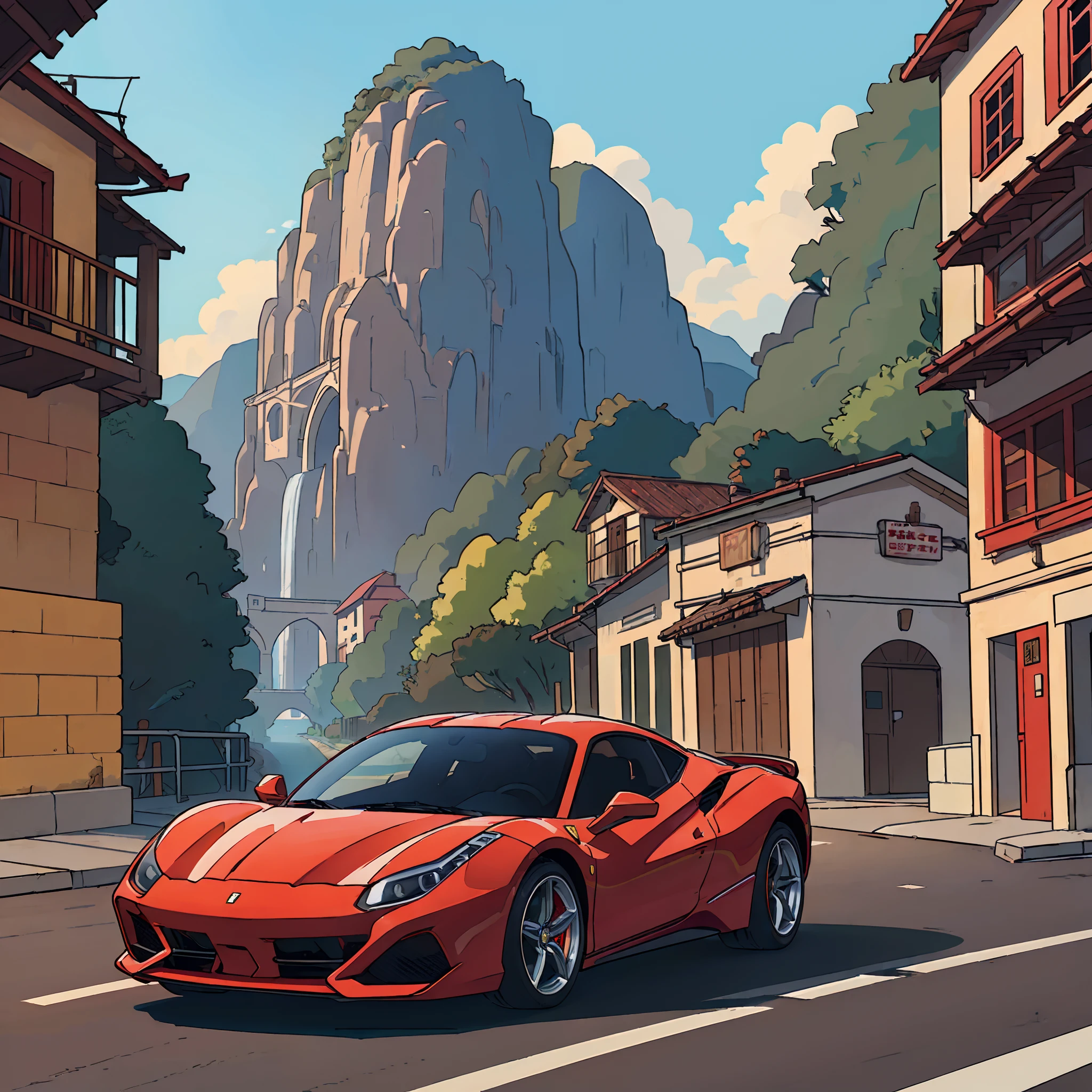 (Best quality, 8K, Masterpiece :1.2), Ultra photo realsisim, A red Ferrari 488 in Montan, Rio de Janeiro, Brazil, Background of Christ the Savior, A beautiful brown haired girl looking at the landscape