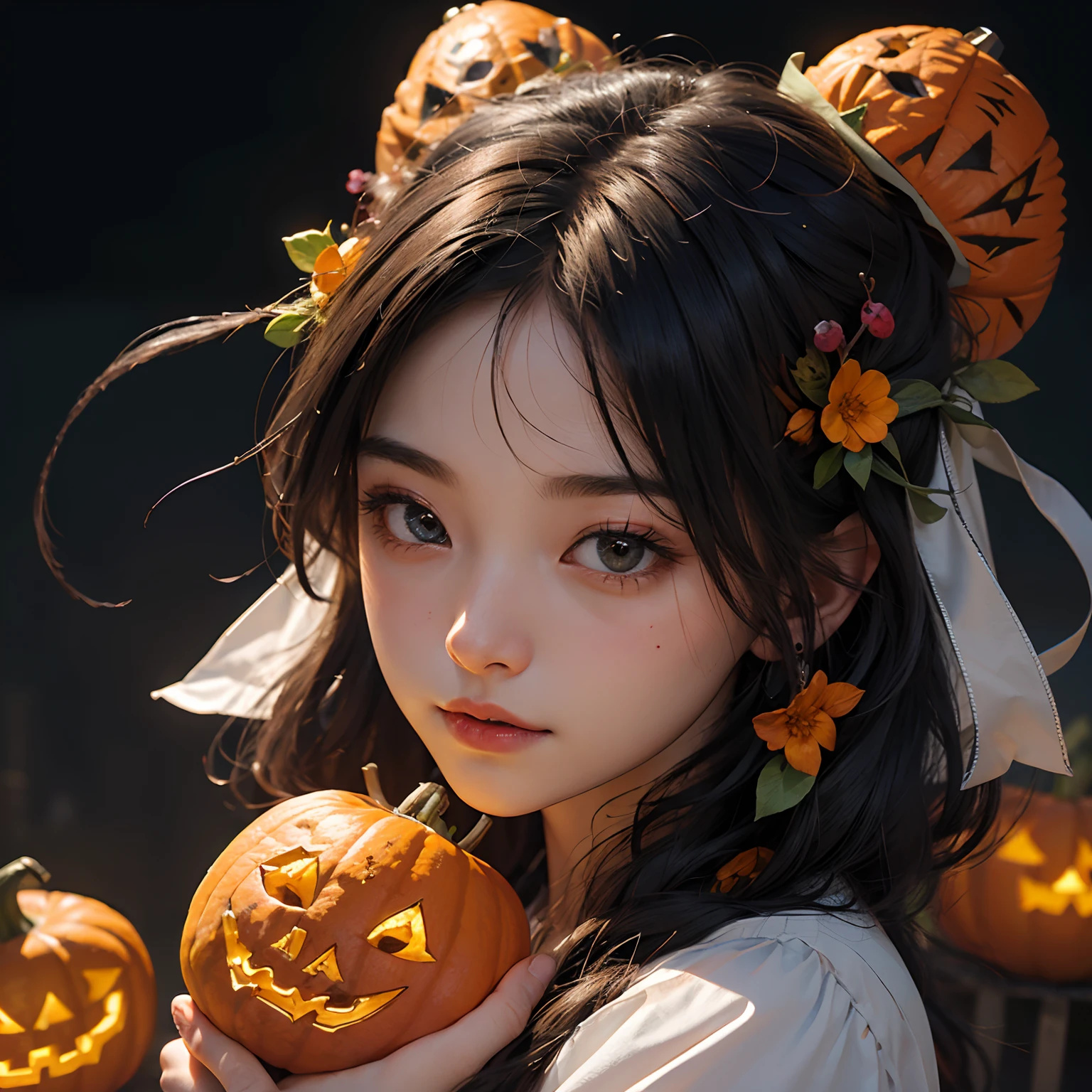 portrait, photo of Japanese girl, focus on the eyes, 1girl, long hair, super light brown hair, slim body shape, high contrast, detailed eyes, detailed hair, Position your eyes closer to your nose, 20yo, 

perfectly intricate detailed zombie make up, scar and stitches make up, wearing black cape with bats printed on it over orange top, witch hat on head, gothc, enjoying sombi make-up at party venue, howling eerily holding a glowing jack-o-lantern,