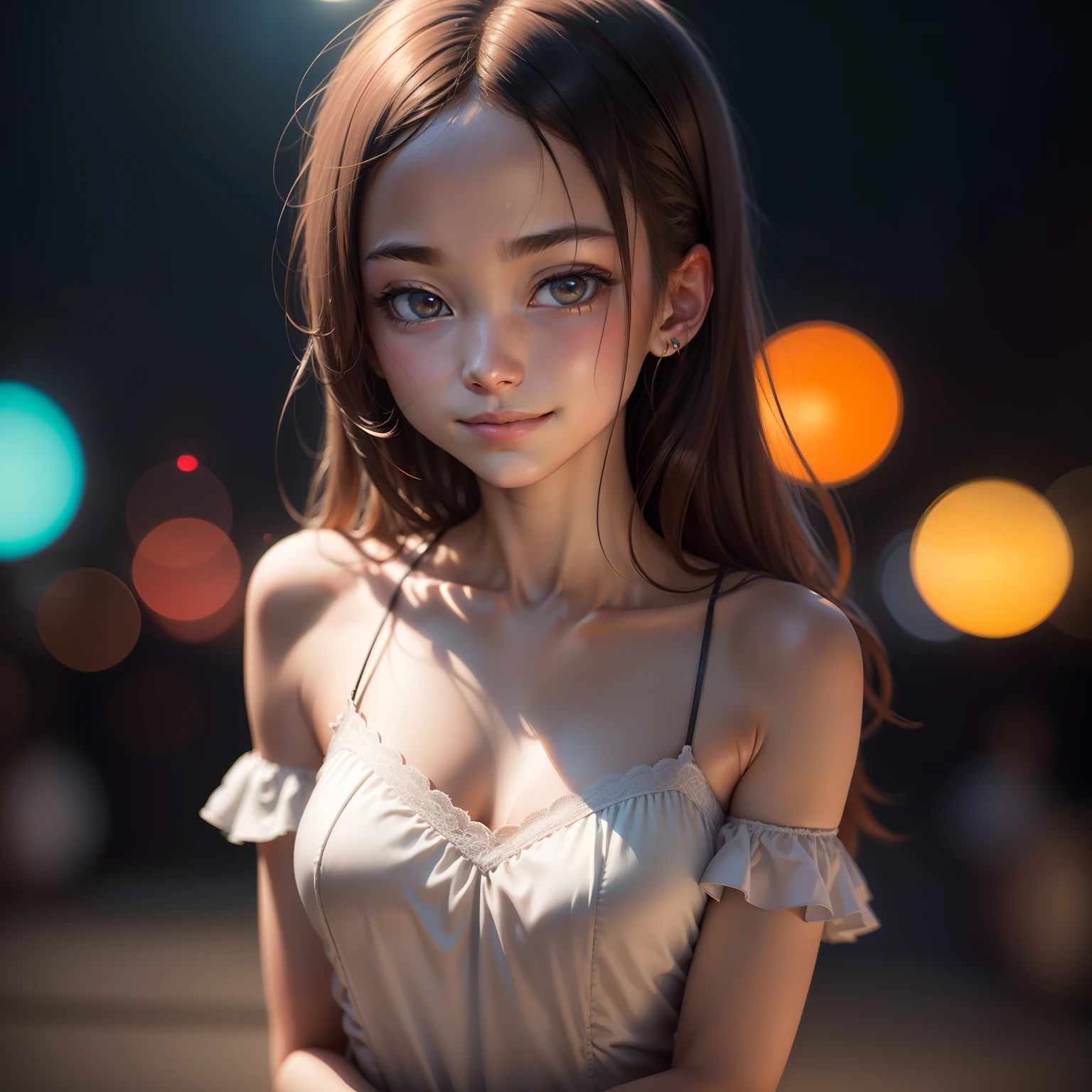 masutepiece, Best Quality, 8K, 15yo student, Teen, Raw photo, absurderes, award winning portrait, Smile, Smile, Solo, Night, neons, Idol face, violaceaess, gardeniass, Delicate girl, Upper body, Digital SLR, Looking at Viewer, Candid, Sophisticated, zora々Right, Thin arms, Professional Lighting, Film grain, chromatic abberation, (Eyes and faces with detailed:1.0), (Bokeh:1.1)
