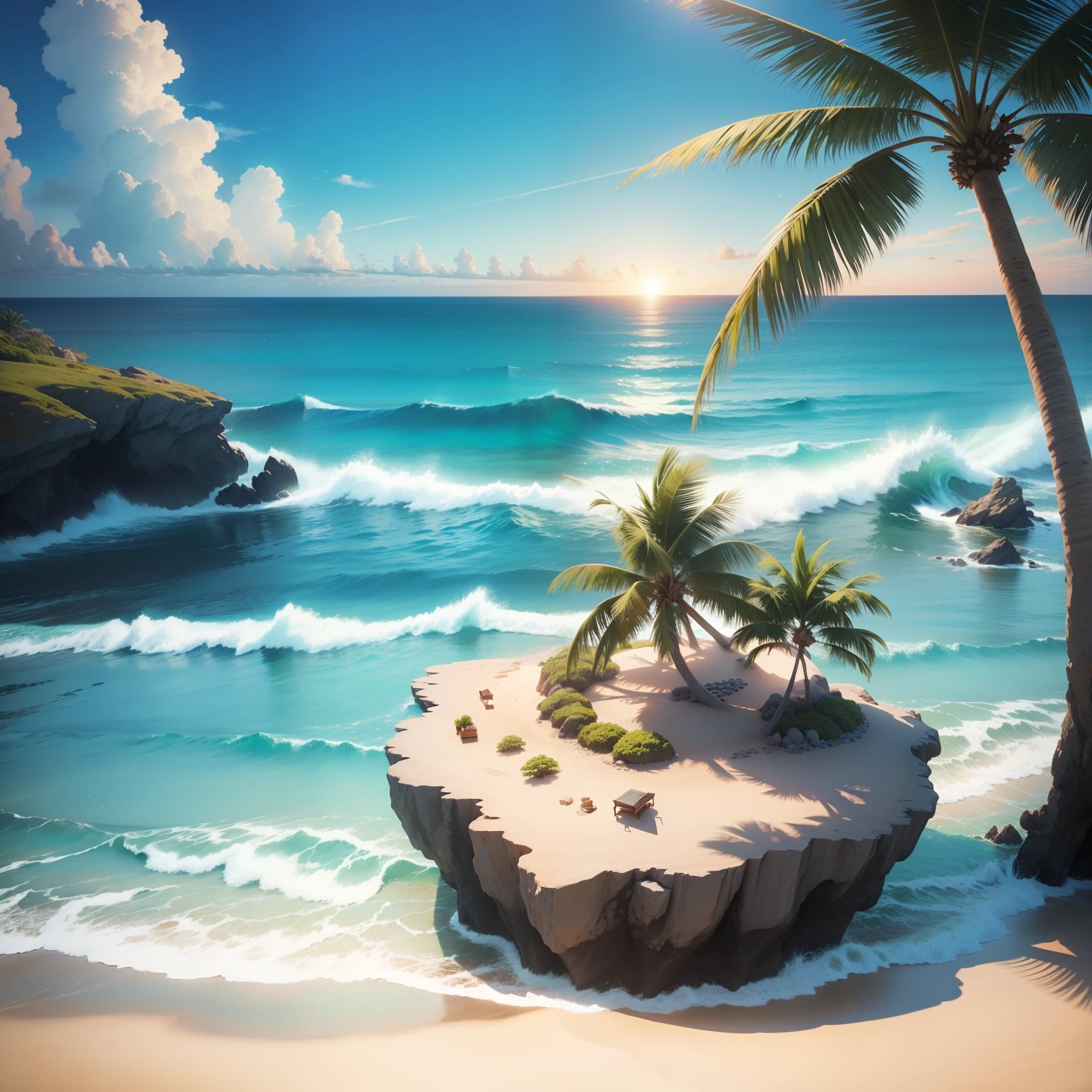 Anime-style drawing: ocean with beach and rock on the horizon, sunset and palm tree;