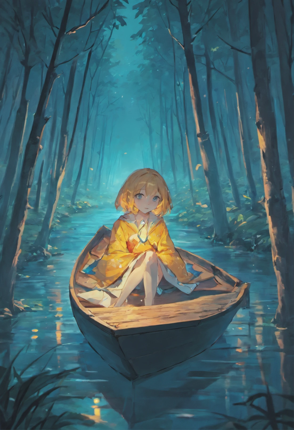 in a night forest, a girl sitting on a boat, The boat shape is a origami crane,a beautiful artwork illustration, snowy forest, stylized digital illustration, colorful illustration, colourful illustration cute detailed digital art, cute digital art, 2. 5 d illustration, illustration, exquisite digital illustration, fairy-tale illustration style, dreamy illustration, high quality illustration, 2d matte illustration
