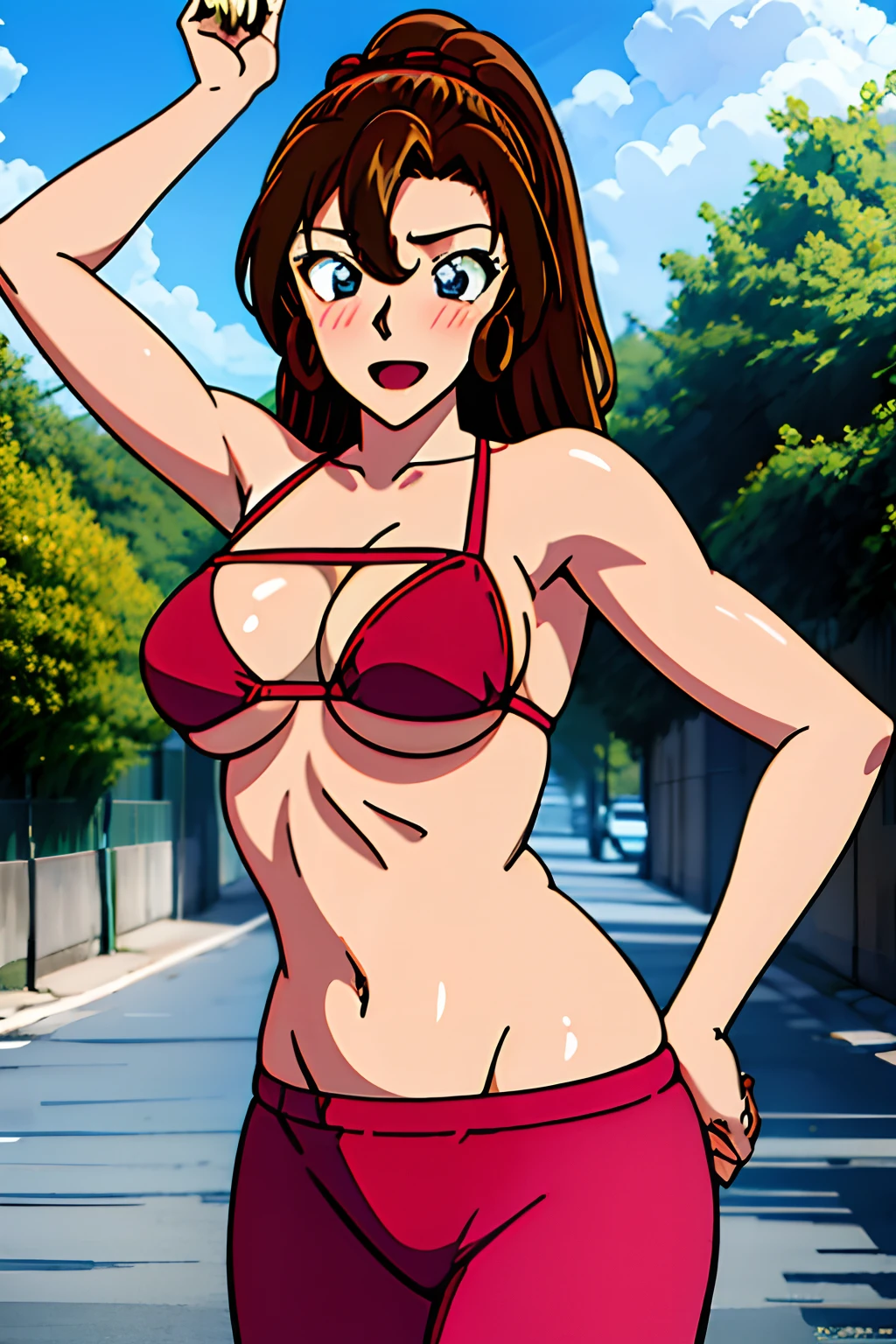 ((masterpiece)),((best quality)),ultra-detailed,illustration,1girl, solo, hot colors, high ponytail, flower, pants, midriff, crop top, looking at viewer, brown eyes, outdoors, navel, (medium breasts), bikini top, open mouth, bare shoulders, grey eyes, cloud, bangs, ,Beautiful body, Beautiful Nose, Beautiful character design, perfect eyes, perfect face, alluring, wallpaper, perfect lighting, vibrant colors, ultra highres, 4K, photography, (beautiful face:1.2), (narrow waist), shiny skin, anime screencap, meitantei conan, standing, ((milf)), 27 years old, high brightness, armpit