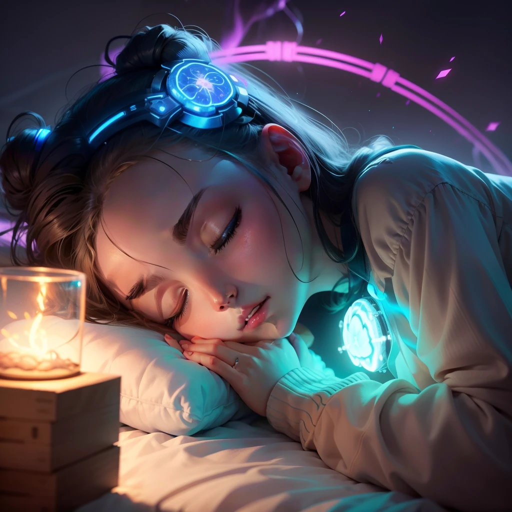 glowing human brain, think outside the box, glowing neuronsGenerate an image of a girl peacefully asleep, her brain aglow as if it's toiling away with intense thoughts.