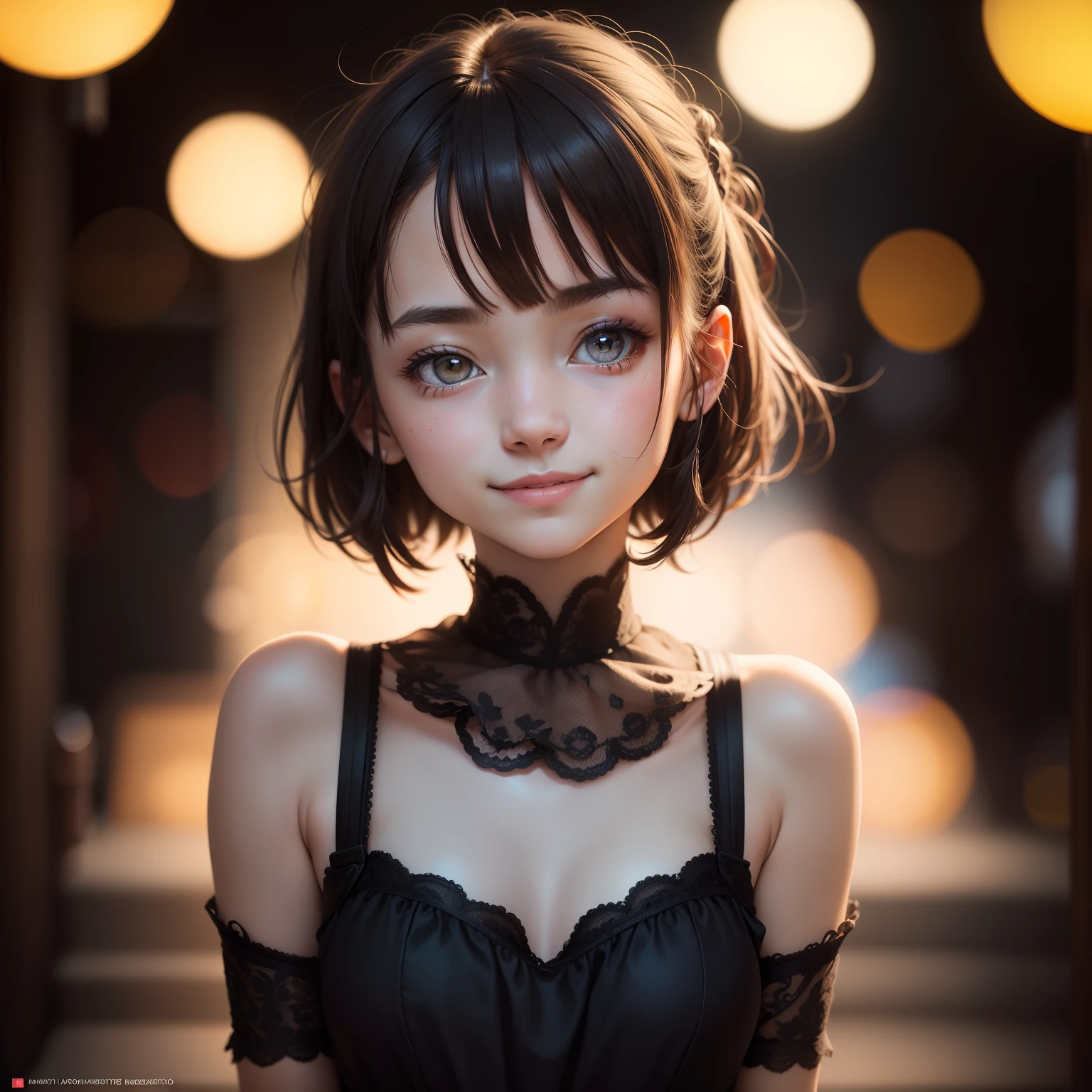masutepiece, Best Quality, 8K, , Teen, Raw ph absurderes, award winning portrait, Smile, Smile, Solo, Night, neons, Idol face, violaceaess, gardeniass, Delicate girl, Upper body, Digital SLR, Looking at Viewer, Candid, Sophisticated, zora々Right, Thin arms, Professional Lighting, Film grain, chromatic abberation, (Eyes and faces with detailed:1.0), (Bokeh:1.1)