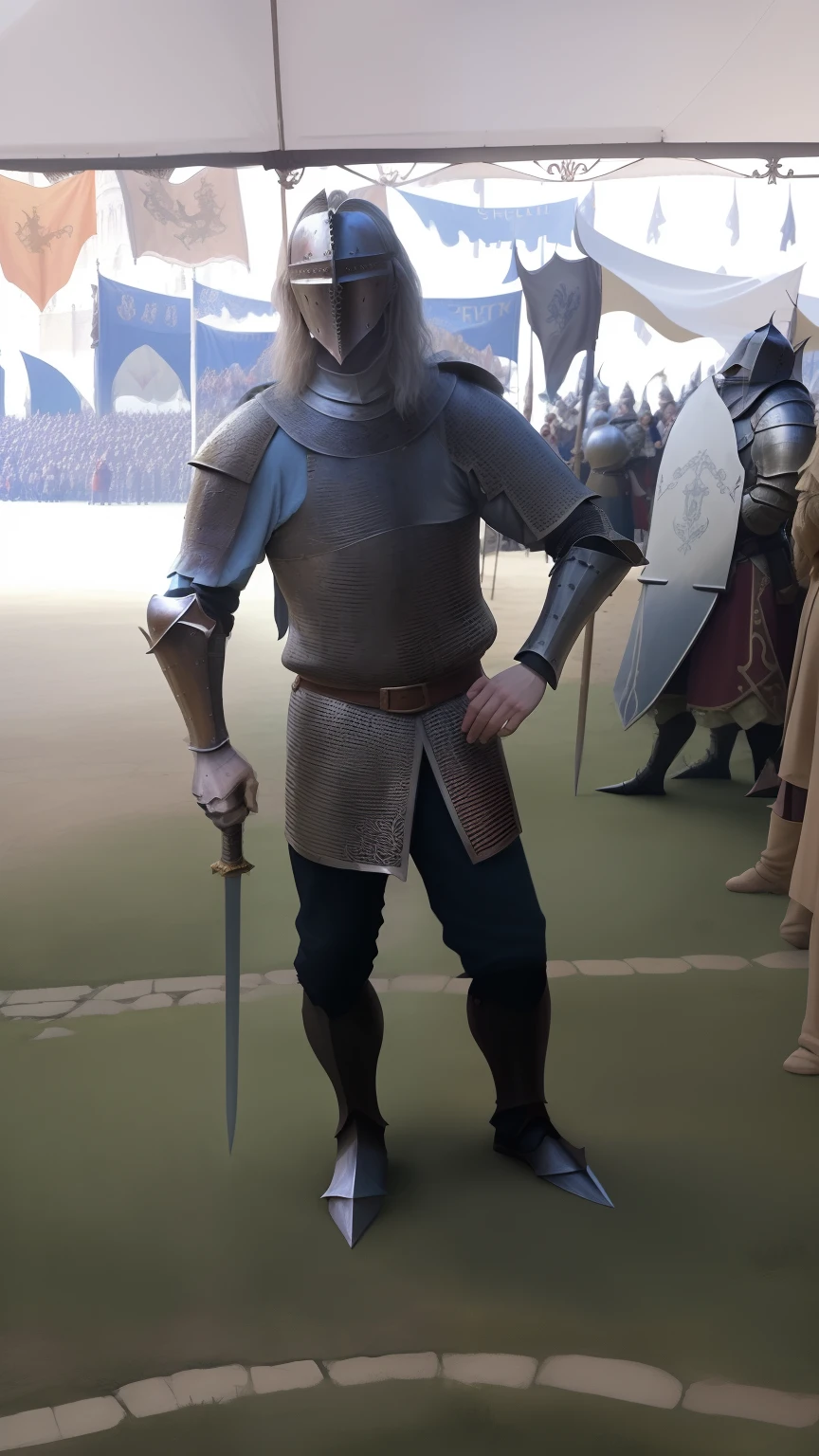 1 medieval knight supporting the sword on the ground, medieval fair setting, a dragon flying in the background,