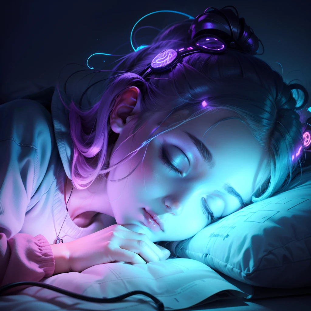 glowing human brain, think outside the box, glowing neuronsGenerate an image of a girl peacefully asleep, her brain aglow as if it's toiling away with intense thoughts.