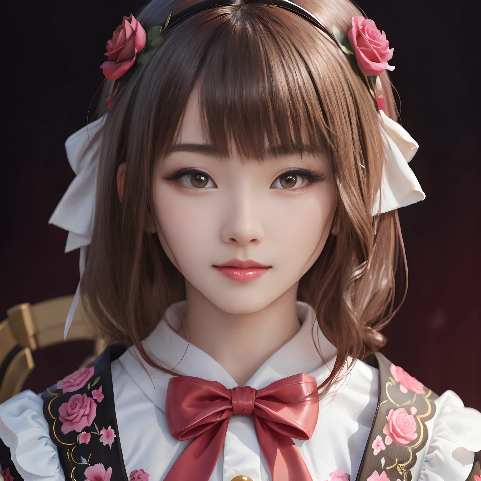 wonderful girl, japanes face, japanes girl,sharp nose, rose crown,caucasian, 20 years old,beautiful look, detailed dress, detailed hair, ultra focus, face ilumined, face detailed, 8k resolution, painted, , oil painting, heavy strokes, paint dripping