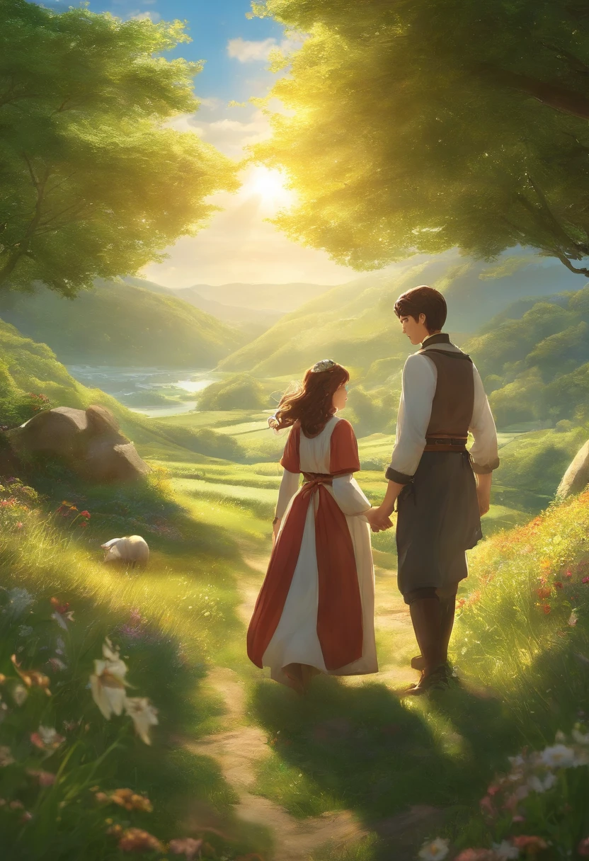 in isekai　Peddlers and customers　grass field　rays of sunshine