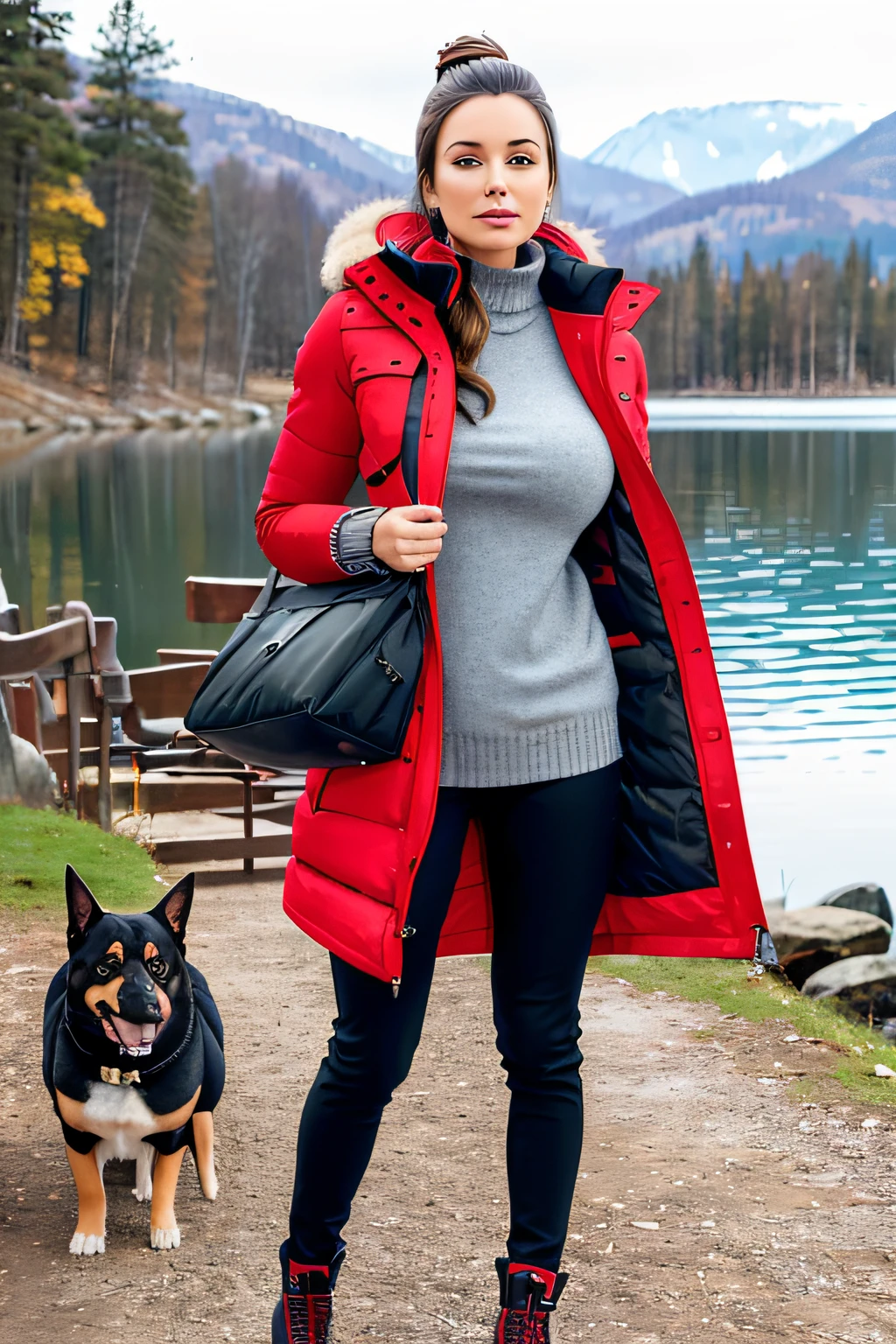 Make a woman with big breast, Red long winterjacket , with open zipper, with face, body, Lakeside house, travel bag, black pants, dog, Sweater