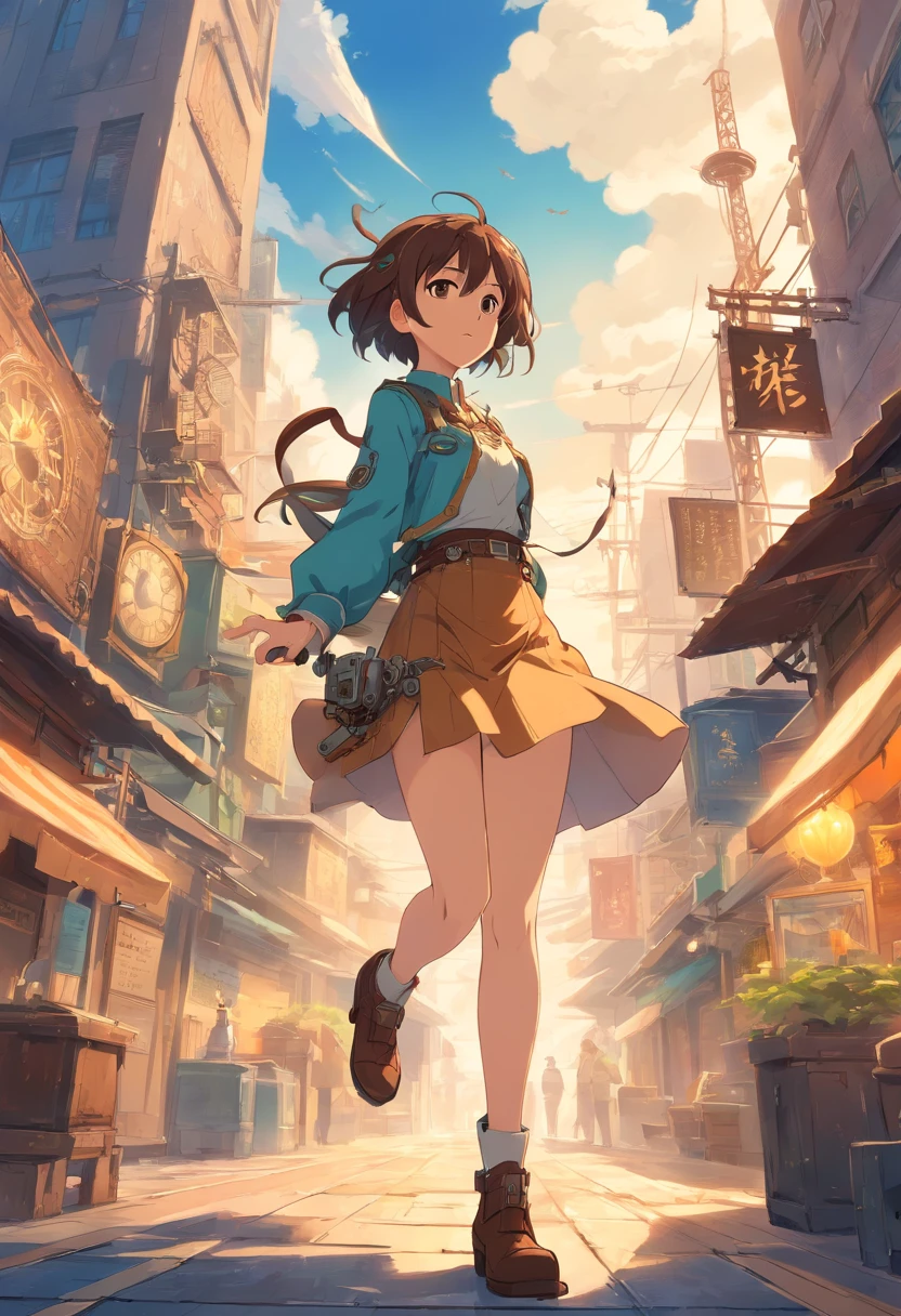 Chinese ink style,Steampunk world,Girl piloting steampunk flying machine,Suspended in the city air,Thick clouds,Ink animation art,Ink comic art,water ink,ink,Smudge,8K,Delicately portrayed,Works of masters,