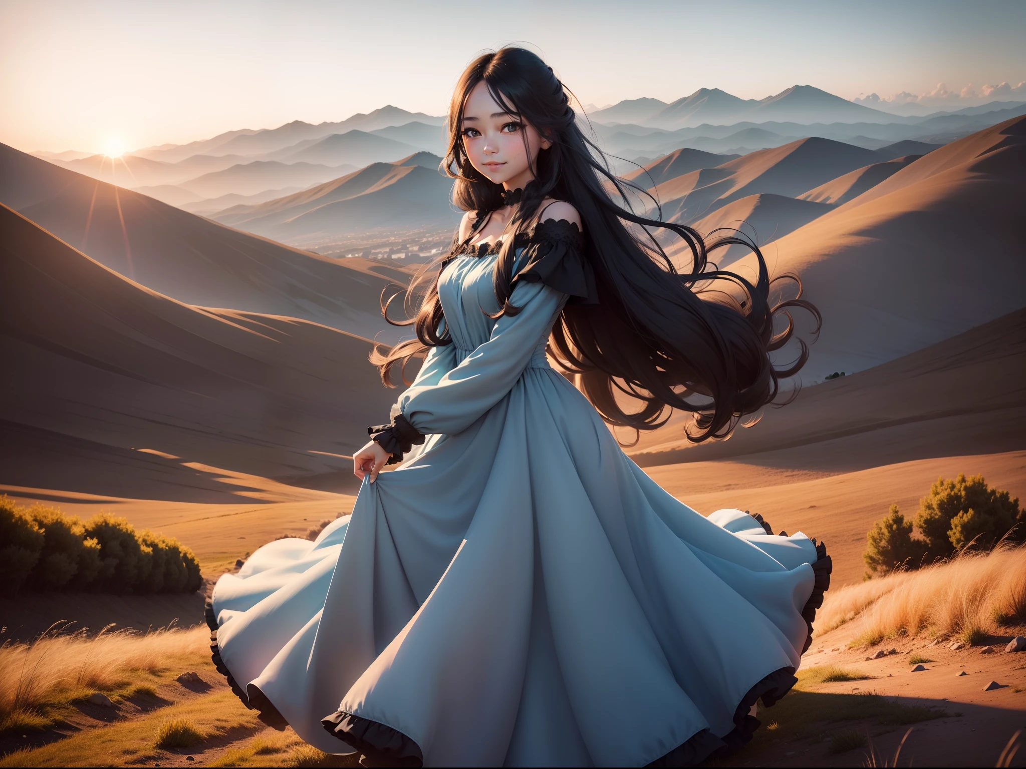 On a hill with mountains in the distance Sunset Pretty girl Light blue long hair A charming smile Black eyes Yellow long dress Dress and hair fluttering in the wind Face Highlights