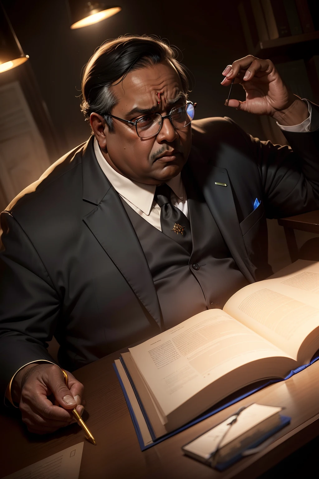 Black inch, (Babasaheb Ambedkar), gold-wire glasses,Shy, pain, Moaning, High detail, modern, Chiaroscuro, Textured skin，Middle age，headmaster，Slightly fat，male people，Majestic face，Business suit, realistic