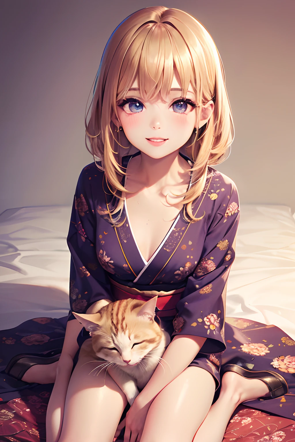 (Details of a very cute face), (Best Quality:1.4), 8K resolution, High resolution, 1girl, cute girl, best cute, Super cute detailed face, Smooth skin, inely detailed beautiful eyes, Official portrait, Fine skin texture, Gloss on lips, Parted lips, Japanese, casual fashion, happy smile, ((wariza)), kitten sleeping on lap