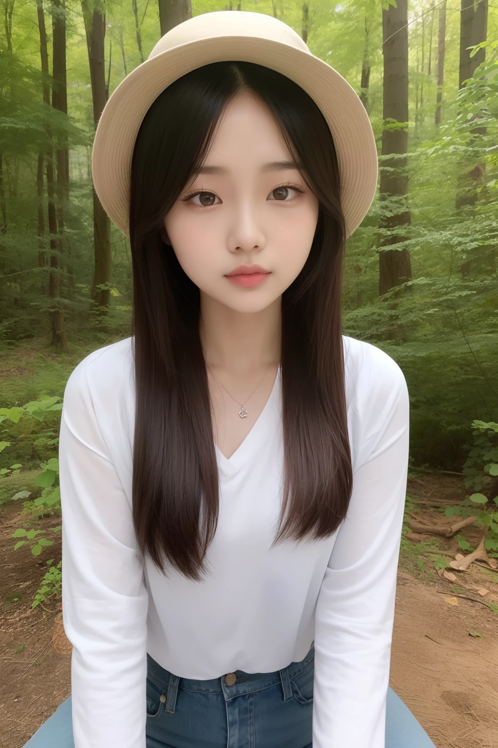 Asian woman sitting in the middle of the woods，Wearing a hat and blue skinny jeans, Open V chest clothes, Gorgeous young Korean woman, Beautiful Asian girl, Sexy girl, beautiful Korean women, young and cute girl, Korean girl, Good young girl, Beautiful young Korean woman, Asian girl, smooth white tight clothes suit, 2 4  old female model, Attractive girl