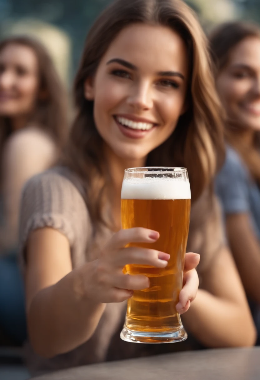 Photorealistic college girl toasts with friends with beer