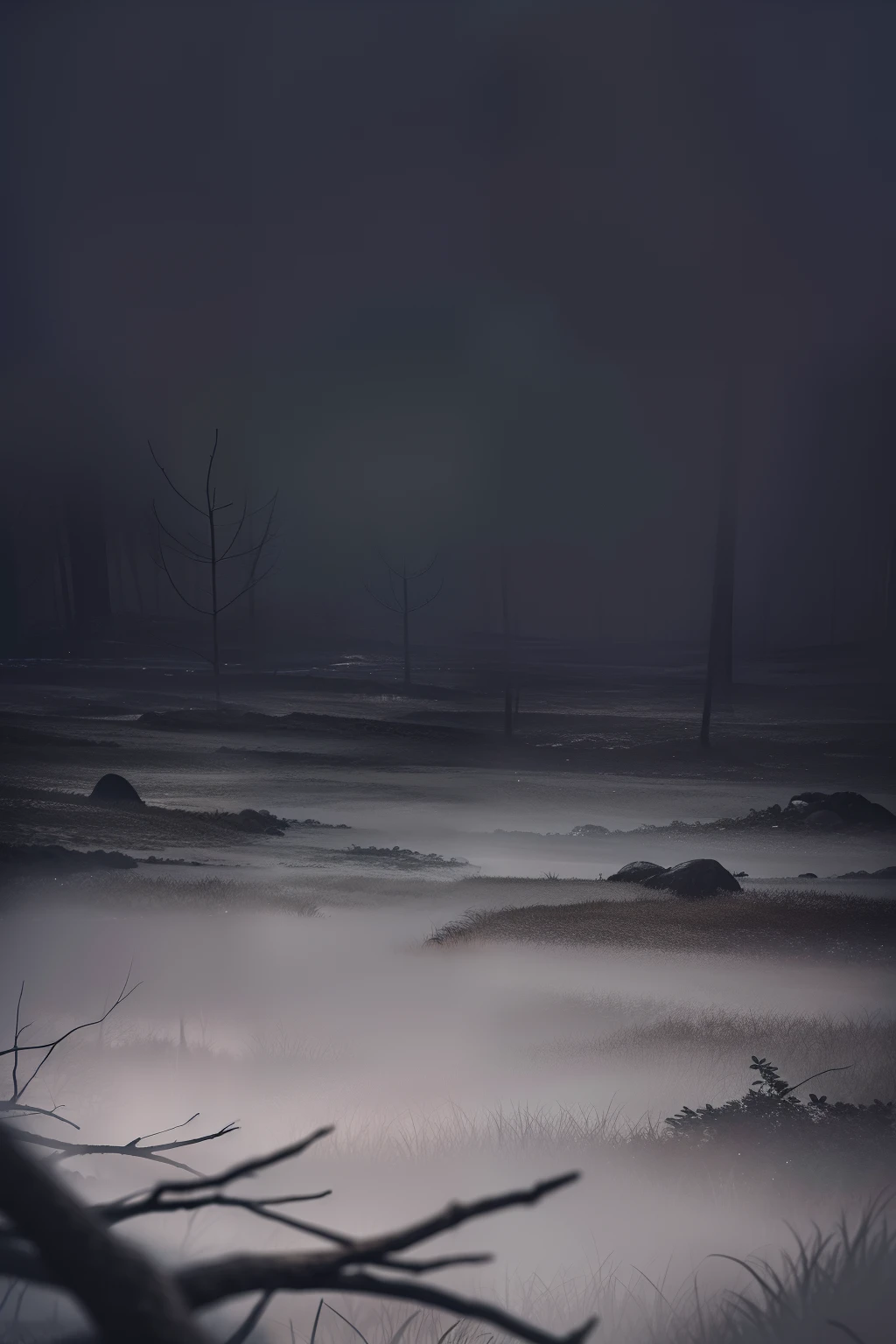 Very dark forest, dense forest with dead leaves scattered on the ground, very foggy and misty, poor visibility in the forest, overcast sky, very dark sky, raining, high resolution, 8k