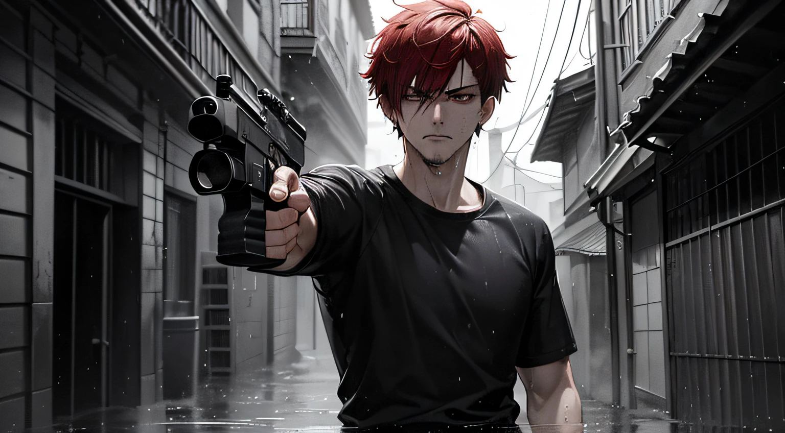 8k, masterpiece, extreme detail, expressive background, expressive clothing, male 1, red short hair, sharp gray eyes, serious face, angry expression, drenched in rain, pointing gun at screen, back alley streets, rainy, grain and noise filter, black and white, standing, head to waist view
