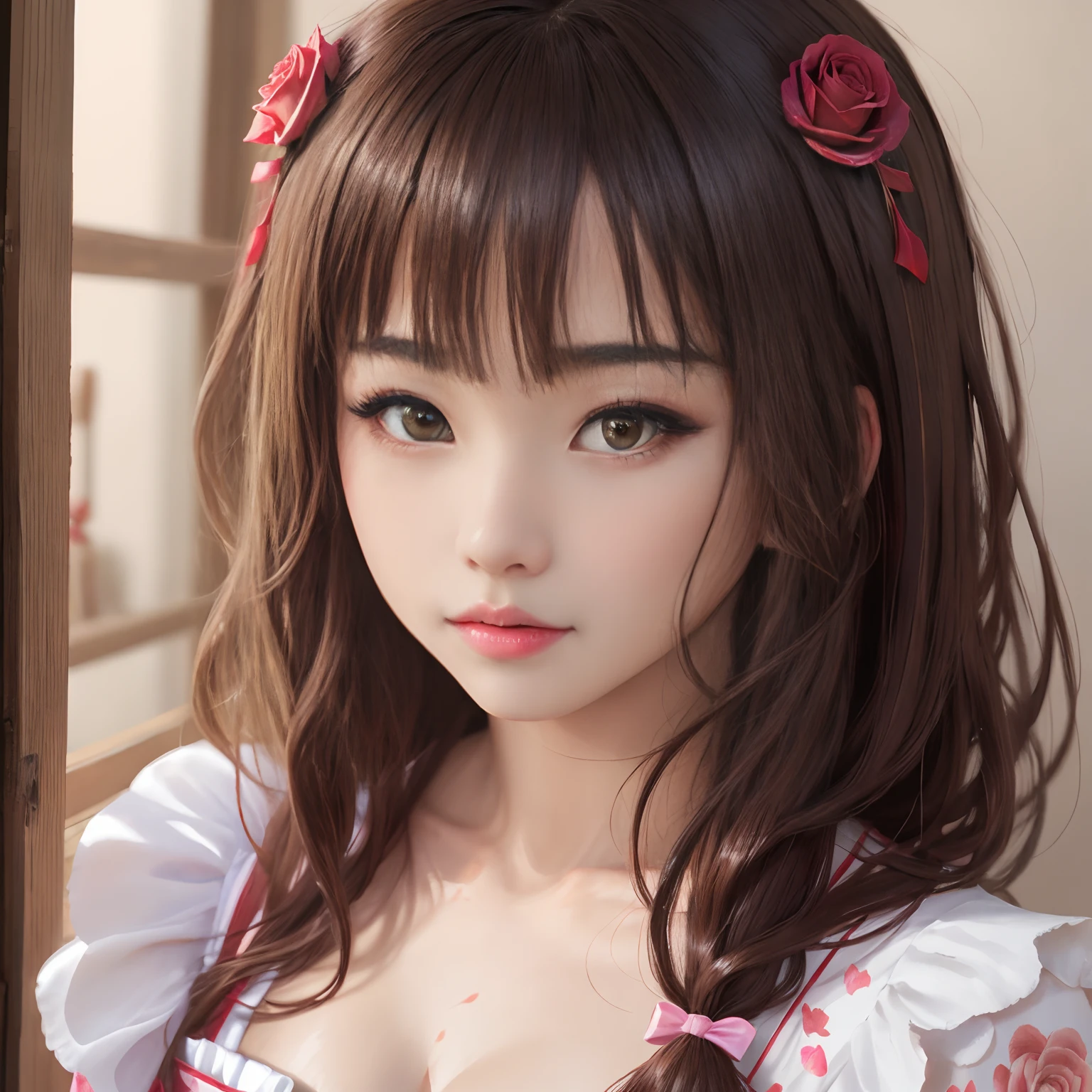 wonderful girl, japanes face, japanes girl,sharp nose, rose crown,caucasian, 20 years old,beautiful look, detailed dress, detailed hair, ultra focus, face ilumined, face detailed, 8k resolution, painted, , oil painting, heavy strokes, paint dripping