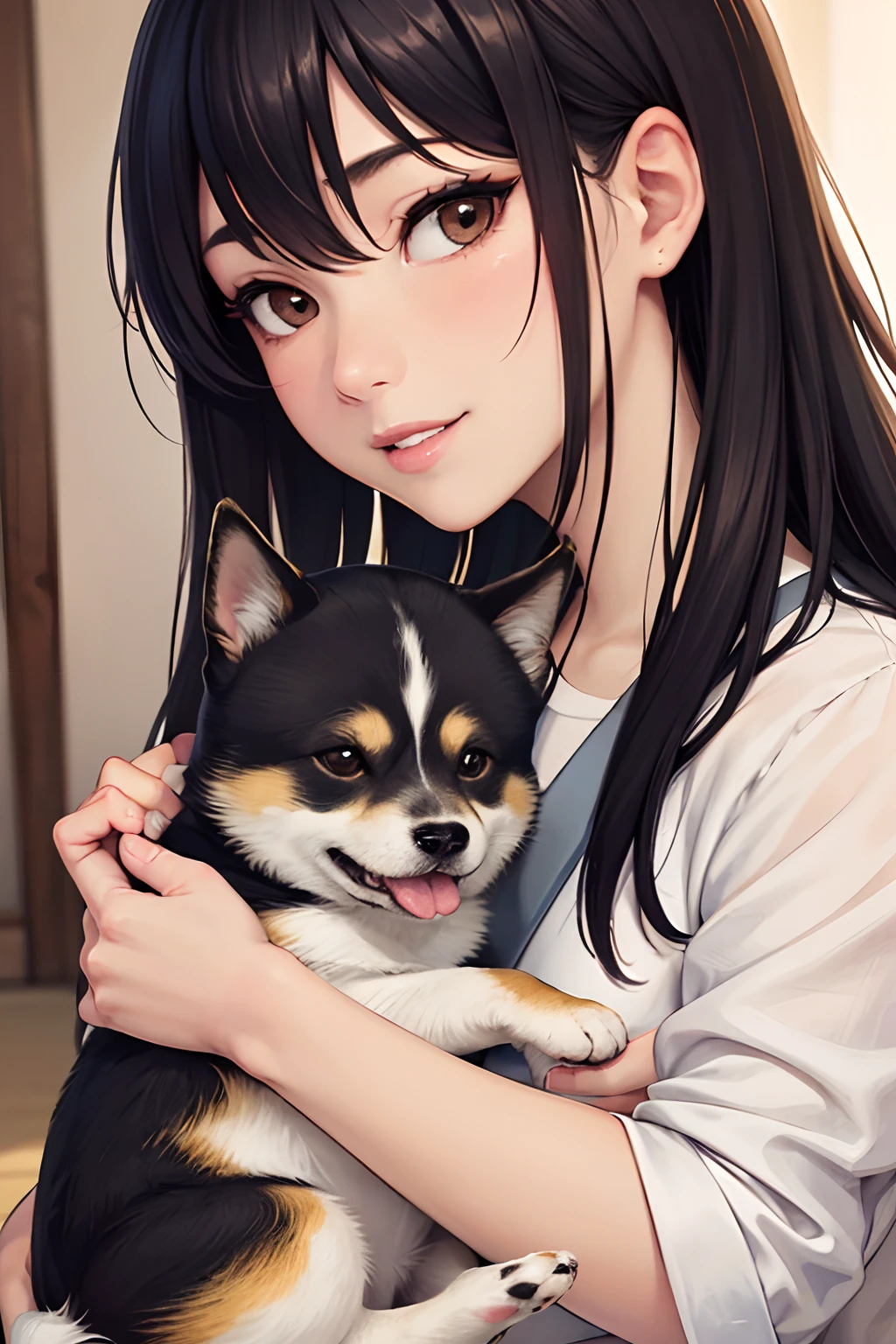 (Details of a very cute face), (Best Quality:1.4), 8K resolution, High resolution, 1girl, cute  girl, best cute, Super cute detailed face, Smooth skin, inely detailed beautiful eyes, Official portrait, Fine skin texture, Gloss on lips, Parted lips, Japanese, casual fashion, happy smile, wariza, Shiba Inu puppy, Holding a Shiba Inu puppy, Shiba Inu licks a girl's cheek