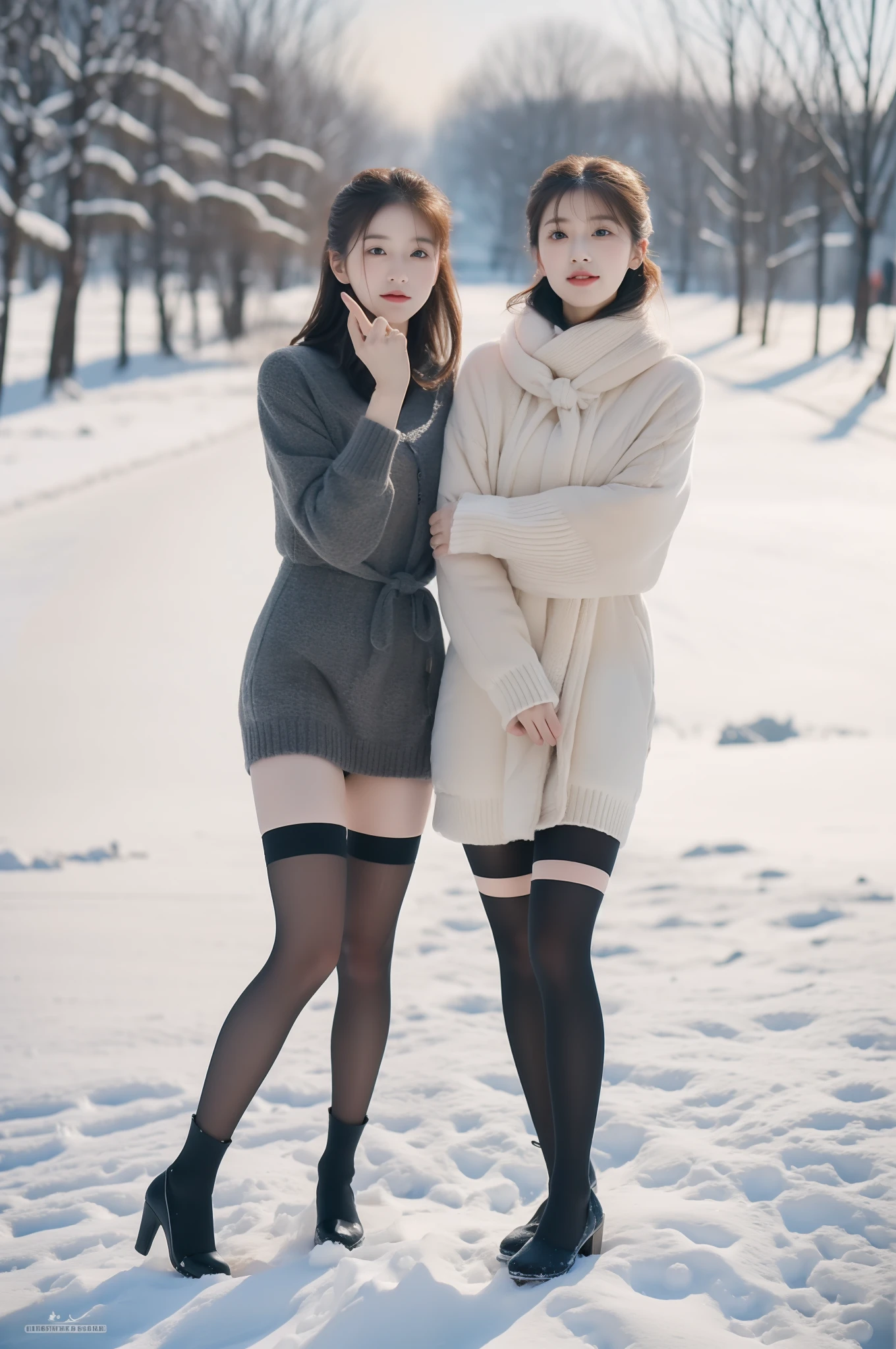true to life,Photorealistic 1.5,((best qualtiy, 8K, tmasterpiece:1.3)),SLR camera (二重まぶた,largeeyes:1.3),(Korean female model 1.5),(Full body photo 1.5)(A female star 1.5)Clear focus 1.2, Perfect body beauty:1.4 , Delicate skin1.1,(Snow and ice 1.6),(Fashion watch 1.4),(Pure desire 1.3)(Black stockings 1.5)(Leg length 1.2 m 1.5),Slender legs,Bow knot,Christmas dress-up,With earrings,bangle,Platform heels,Winters,Oyuki,Snowy meadows,Snow and ice,Christmas tree