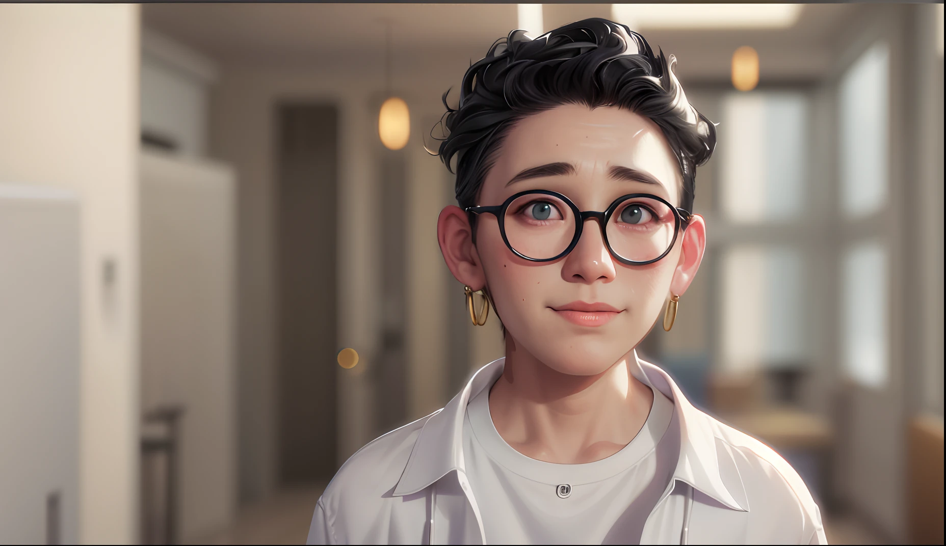 a close up of a person wearing glasses and a white shirt, Personagem pequeno. Unreal Engine 5, Highly detailed VFX portrait, akihiko yoshida. illusory engine, loish and ross tran, Realistic anime 3 D style, 8K Artgerm bokeh, Rendu portrait 8k, photorealistic art style, 3d character realistic, Kawaii realistic portrait