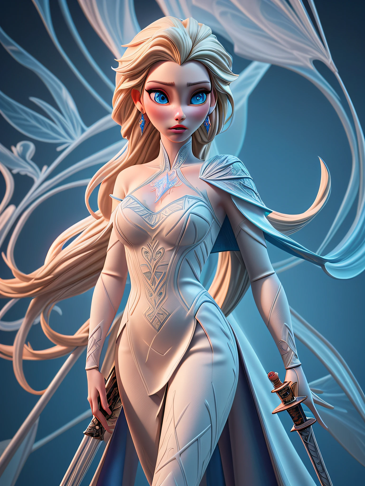 a 3D animation style model shot, fantasy art,  of a Elsa from Frozen, a exquisite beautiful Elsa (masterpiece, extremely detailed, best quality) LnF wearing white armor (masterpiece, extremely detailed, best quality), latex dress (masterpiece, extremely detailed, best quality), blue cloak (masterpiece, extremely detailed, best quality) , armed with long sword, pale skin, blond hair, long hair,  blue eyes color, jewelry, dynamic background background (masterpiece, extremely detailed, best quality), best realistic, best details, best quality, 16k, [ultra detailed], masterpiece, best quality, (extremely detailed), ultra wide shot, photorealism, depth of field, 3D animation rendering,