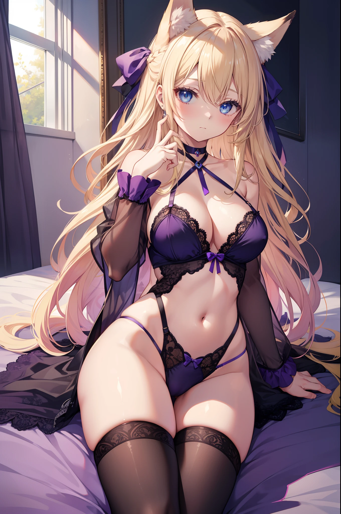 High quality, masutepiece, Ultra-detailed, Black stockings, Purple Lingerie, Purple panties, Choker, headless, 1girl in, Solo, peaceful expression, Long Blonde Hair, captivating blue eyes, Fox ears, Big breasts, Bedroom、perfect hand、perfect leg、Perfect five-finger