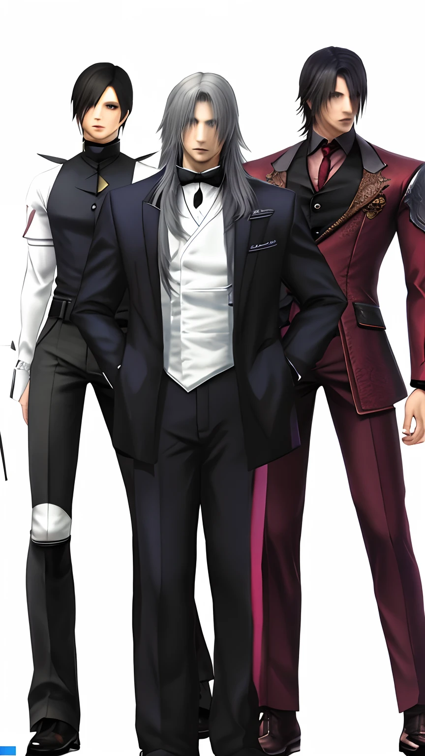 three people in suits and ties standing next to each other, style game square enix, style of final + fantasy + 1 5, highly detailed full body, full body details, each wearing correct era clothes, johan liebert mixed with dante, diverse outfits, imvu, johan liebert mixed with alucard, goth, style mix of æon flux