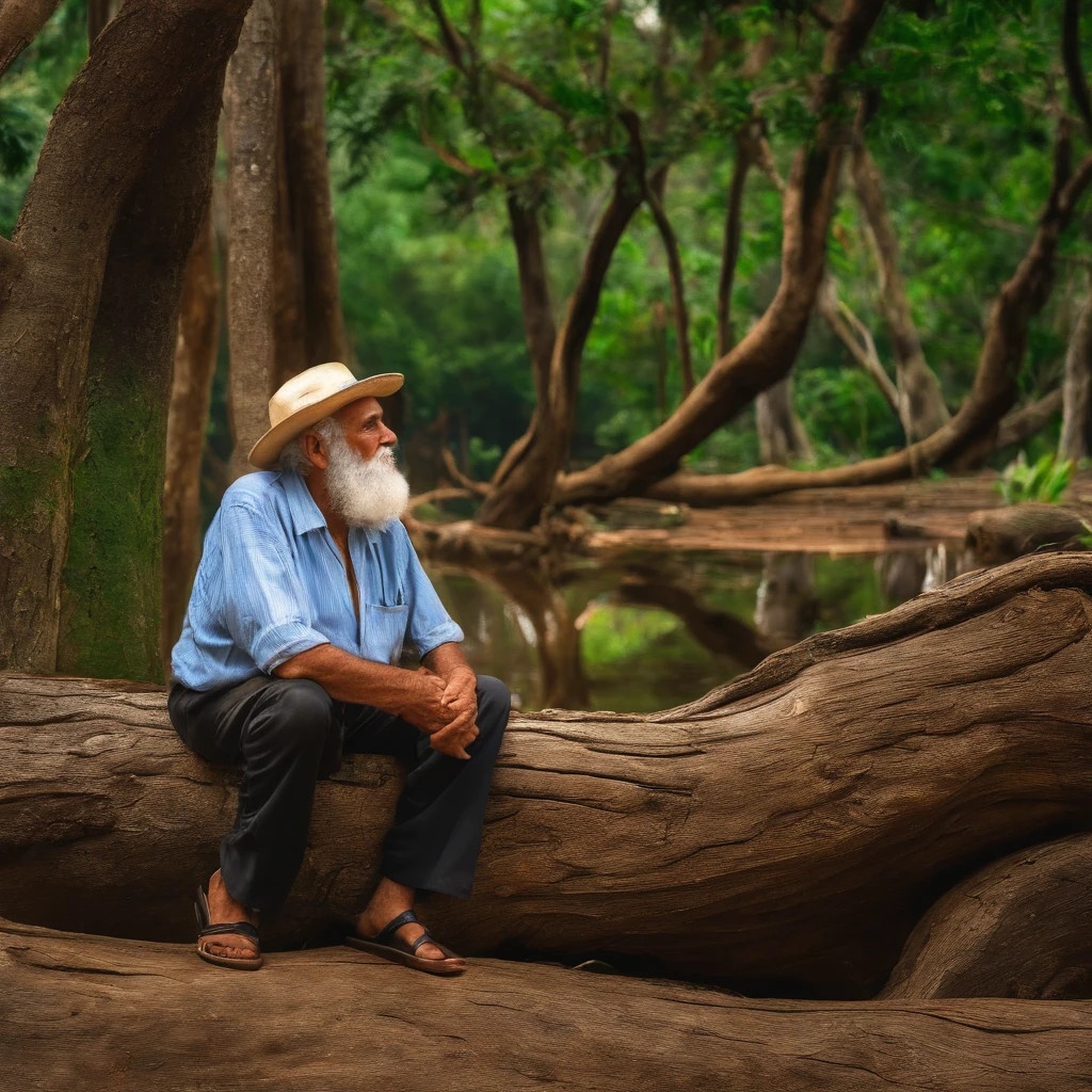 old man, barba branca grande, jovem aprendiz, sitting on the tree trunk, looking at the old man, sitting on the stump of the tree, olhar pensativo e perdido, Wise old man. Imagem realista antiga, local isolado.