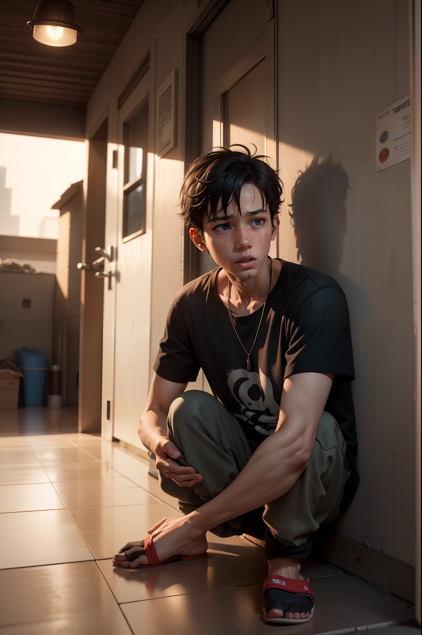 a boy have nothing to do , he homeless , he have nothing , he try to find where to go in cyperbunk , full hd , cinematic , 3d render