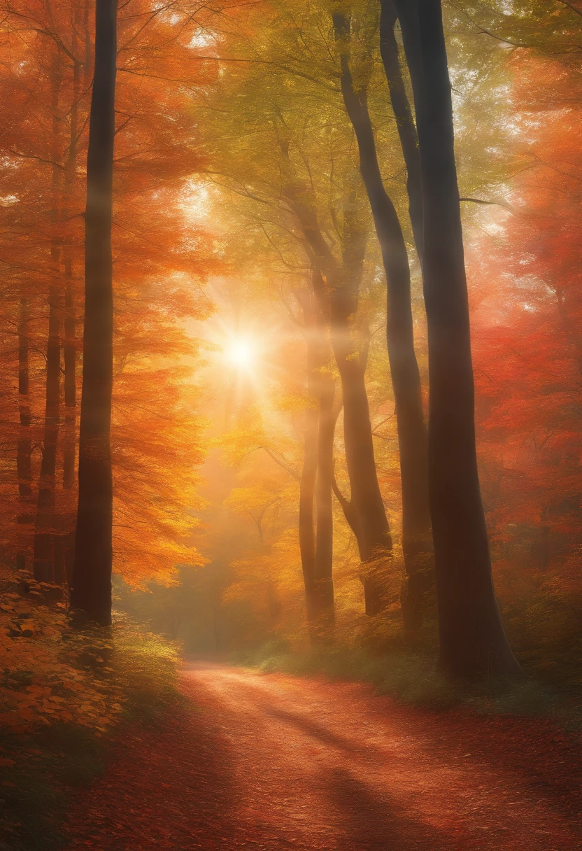 Create an AI-powered artwork inspired by nature's beauty, blending vibrant colors of sunrise and the tranquility of a forest in autumn. The artwork should evoke a sense of awe and serenity, with an emphasis on the interplay of light and shadow. Use advanced deep learning techniques to produce a high-resolution image that captures the essence of this serene natural scene. Consider the placement of key elements like trees, leaves, and the sun to create a harmonious composition. The final output should be both visually striking and emotionally resonant, offering viewers a glimpse into the captivating and peaceful world of nature.