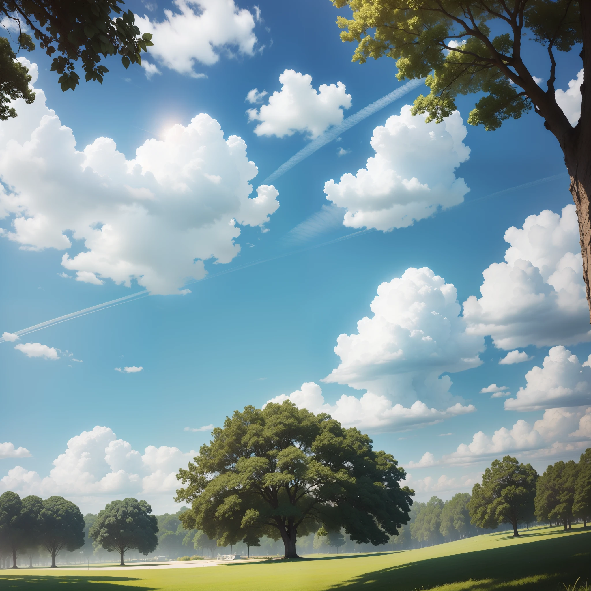 Magnificent blue sky and summer sun with white cotton clouds and a park with trees on the horizon