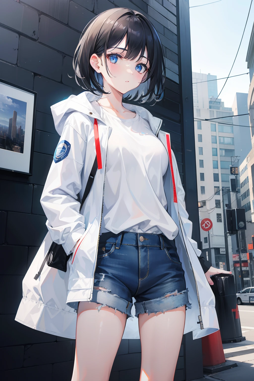 1girl, short black hair, blue eyes, wearing white jacket, denim shorts city, absurdres, high res, ultrasharp, 8k, masterpiece, looking at viewer
