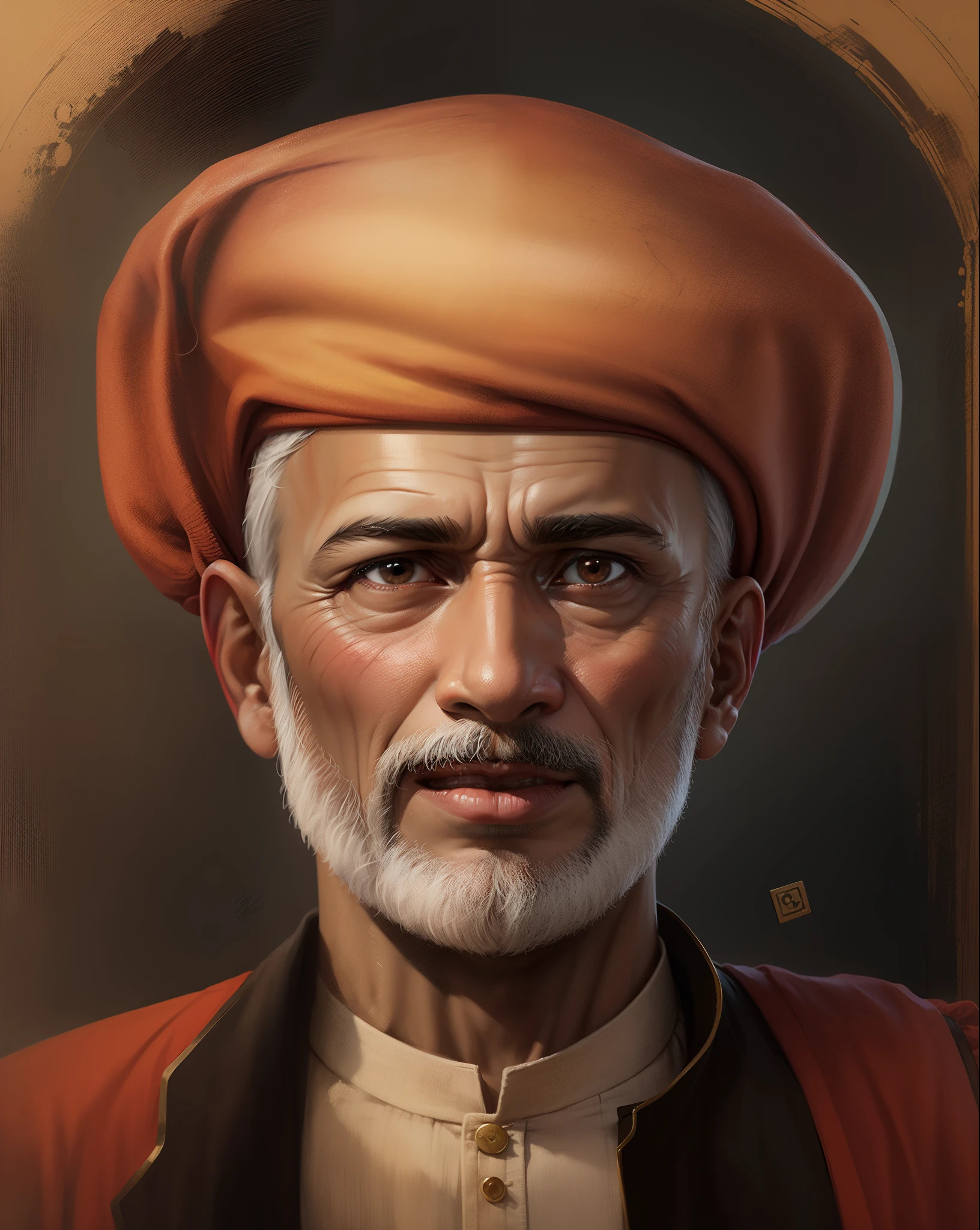 painting of a man with a red turban and a white beard, 50 years old man, Mahatma jyotiba phule, mordern house