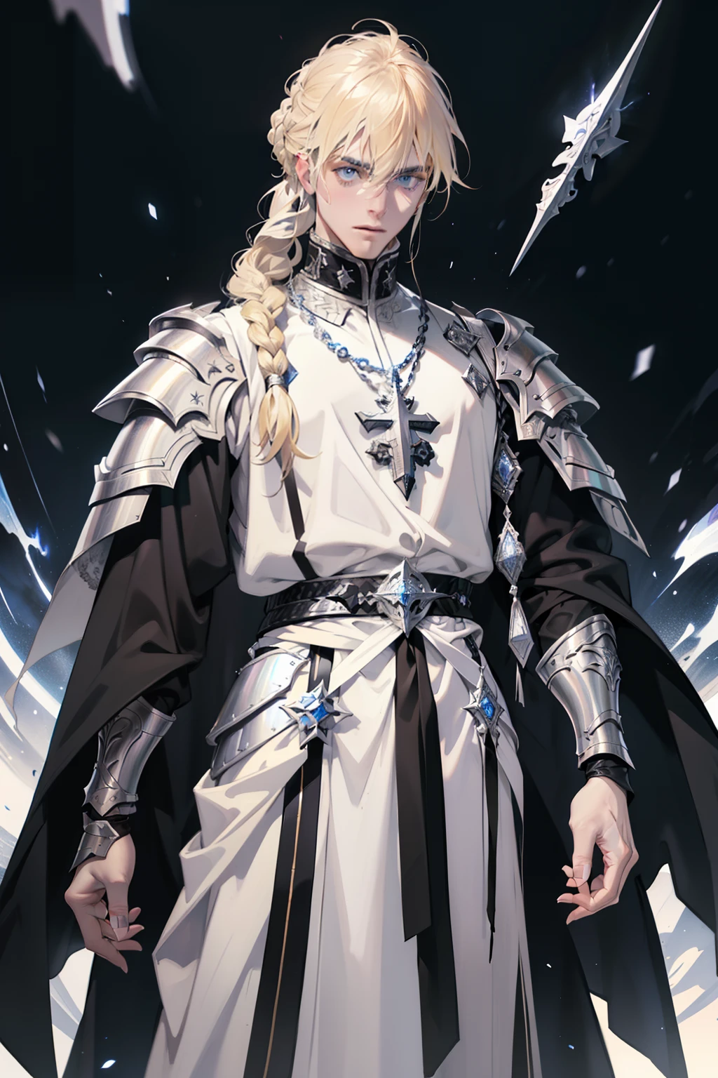 male knight,blond hairbl,Single braided hairstyle,By bangs,hair between eye,holy paladin,Black and white clothing,Capable and elegant,Religious dress,Wears silver armor,goth style。Western fantasy style,Concise background。Concise background,Masterpiece, mistic, aethereal,Blue light particles,color difference
