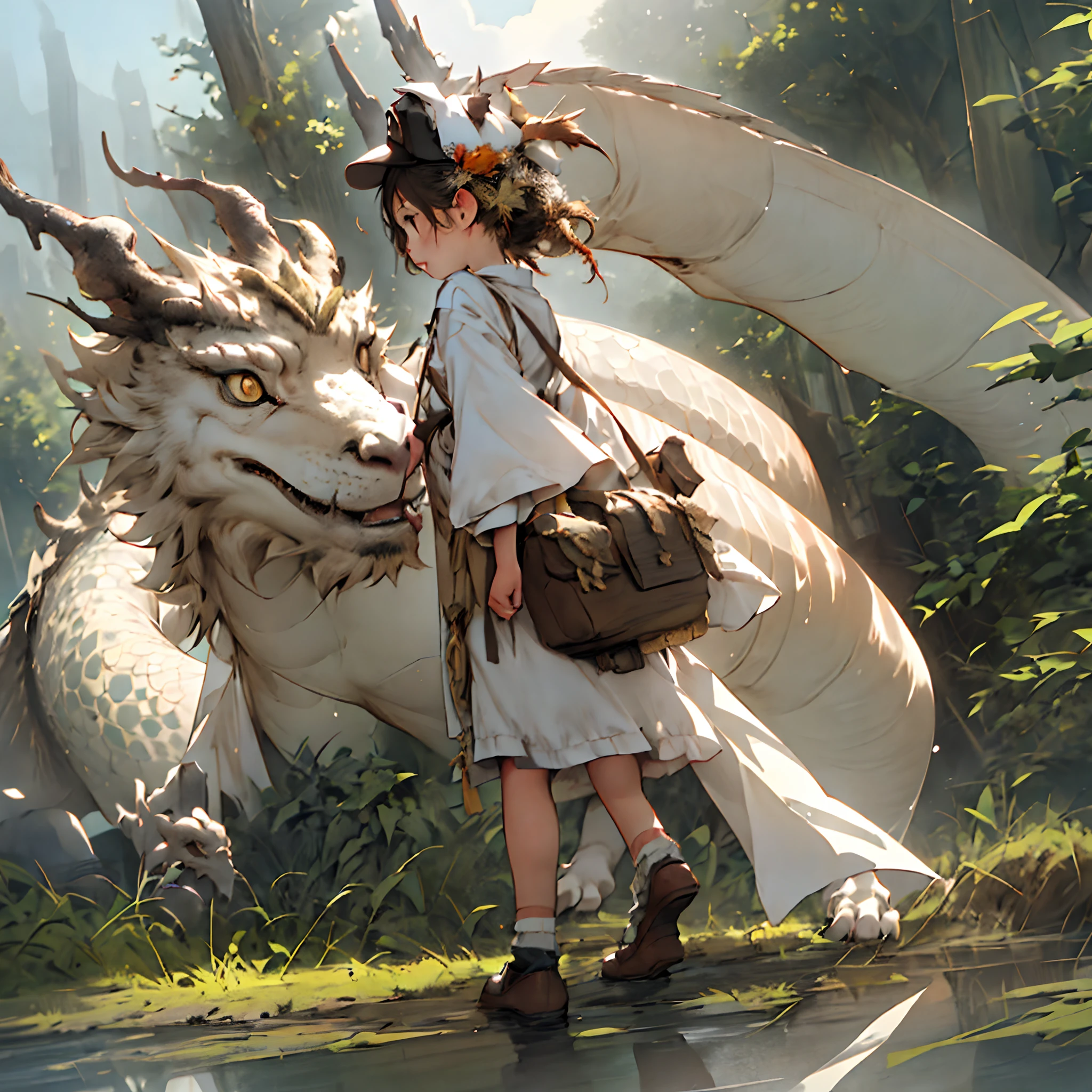 girl, letterboxed, holding, outdoors, bird, standing, cloud, 1boy, weapon, from behind, sky, cloudy sky, animal, holding weapon, eastern dragon, monster, 1other, hat, fog,