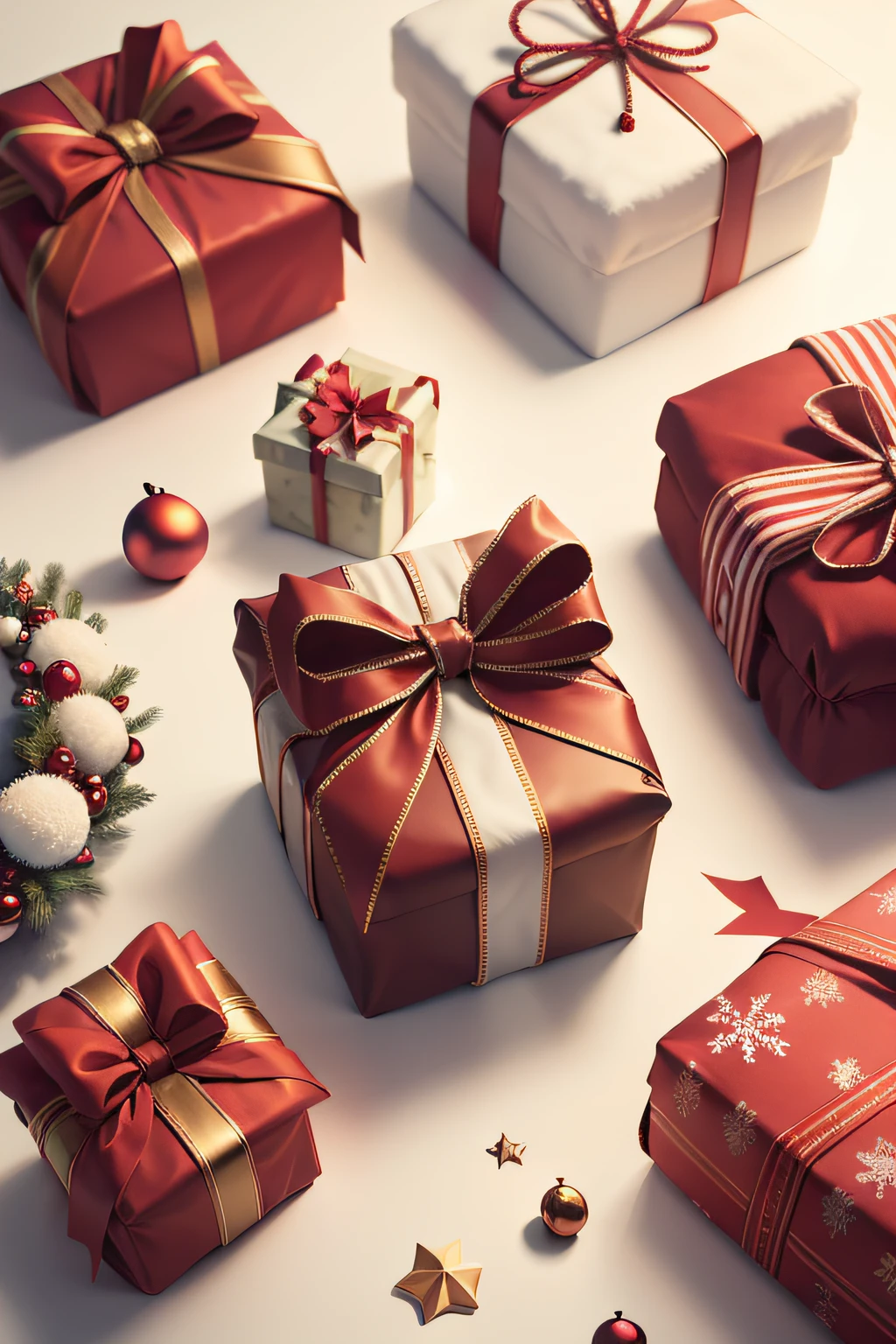 Visualize an image of Christmas presents, devoid of human presence, set against a clean, white background:
In the center of the frame, a collection of beautifully wrapped Christmas gifts is neatly arranged. Each gift is a work of art, adorned with colorful wrapping paper, decorative ribbons, and festive bows.
The wrapping paper showcases a variety of cheerful holiday designs, from classic motifs like snowflakes and holly to whimsical patterns featuring reindeer and Santa Claus. The colors are rich and vibrant, evoking the warmth and spirit of the season.
Ribbons in various widths and textures are elegantly tied around each gift, creating intricate patterns and adding an extra layer of visual delight. Bows, ranging from simple and sophisticated to playful and oversized, top off the presentation.
The gifts come in a range of sizes and shapes, suggesting a delightful variety of surprises within. Some are rectangular and others more irregular, adding to the sense of anticipation and wonder.
The white background enhances the festive appeal of the gifts, creating a sense of purity and focus. There are no distractions—only the beautifully wrapped presents, representing the joy of giving and receiving during the holiday season.
This image encapsulates the essence of gift-giving during Christmas, where the act of exchanging presents becomes a cherished tradition. It's a celebration of thoughtfulness, love, and the delight of discovering what's inside each meticulously wrapped package.