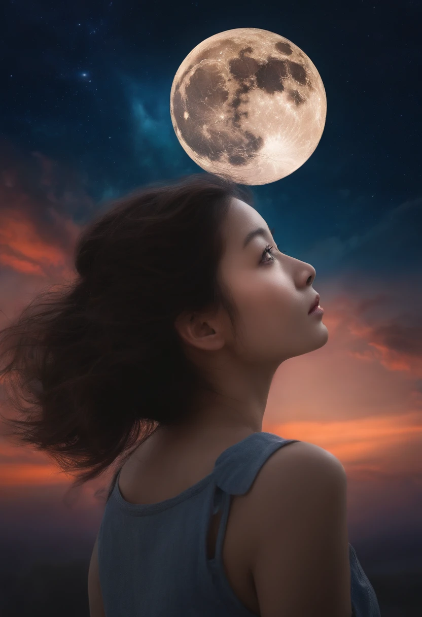 Full Moon Sky、nigh sky、Girl Looking Up At the Sky